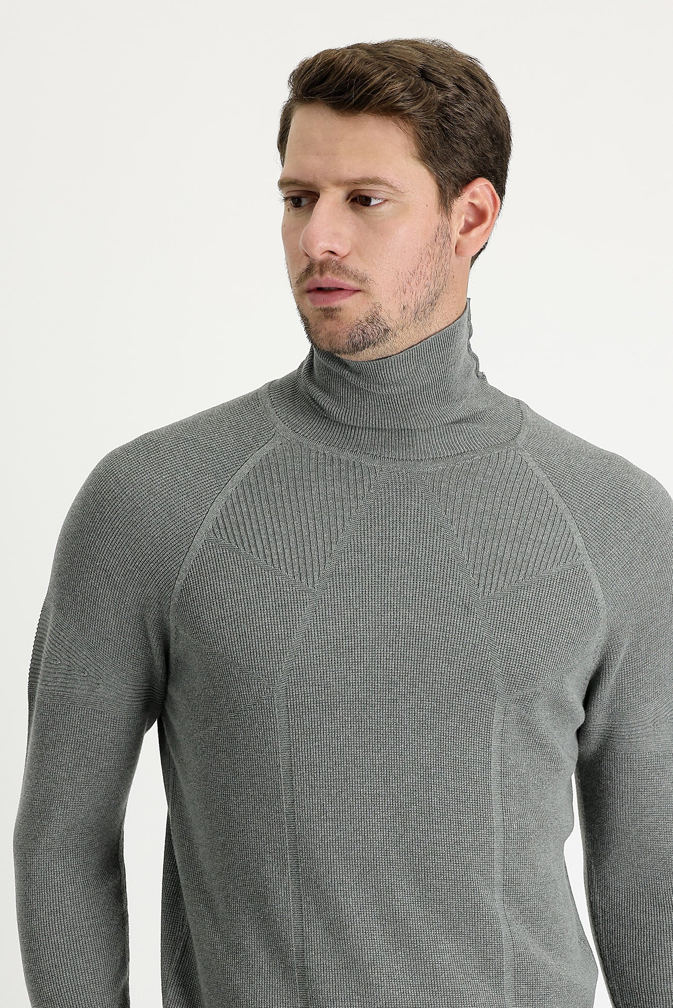 Orta Gri Melanj Balıkçı Yaka Slim Fit Dar Kesim Desenli Pamuklu Triko Kazak