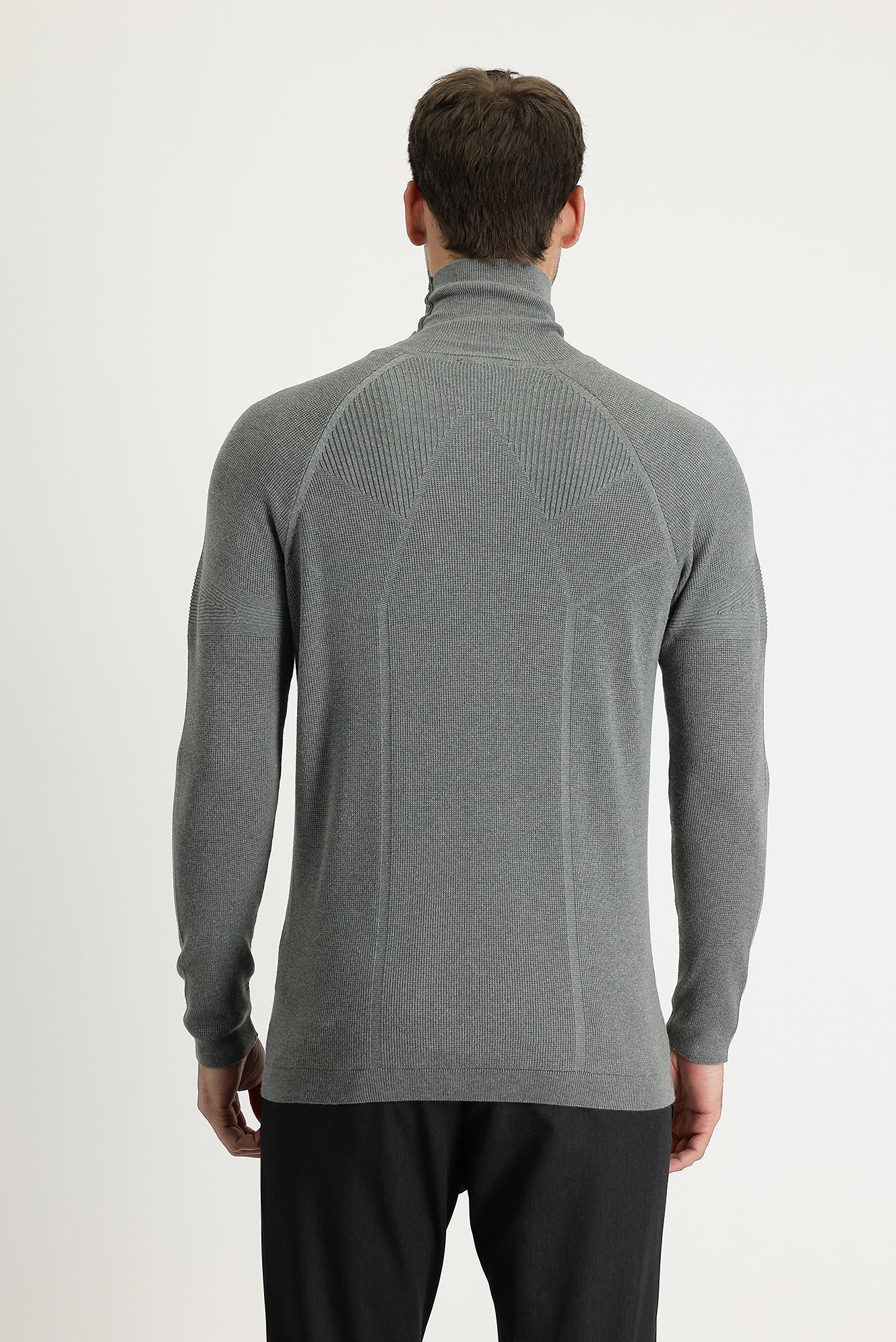Orta Gri Melanj Balıkçı Yaka Slim Fit Dar Kesim Desenli Pamuklu Triko Kazak - Image 3