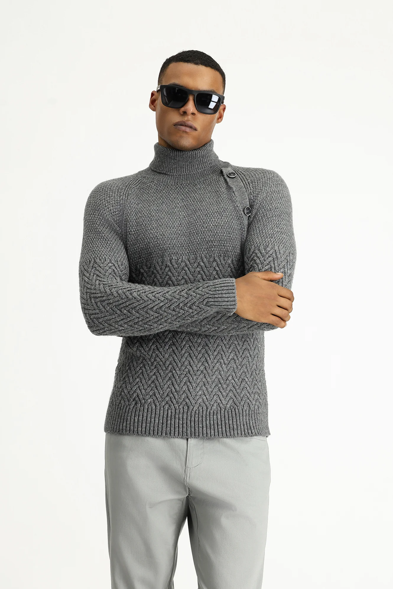 Orta Gri Melanj Balıkçı Yaka Slim Fit Dar Kesim Desenli Yünlü Triko Kazak