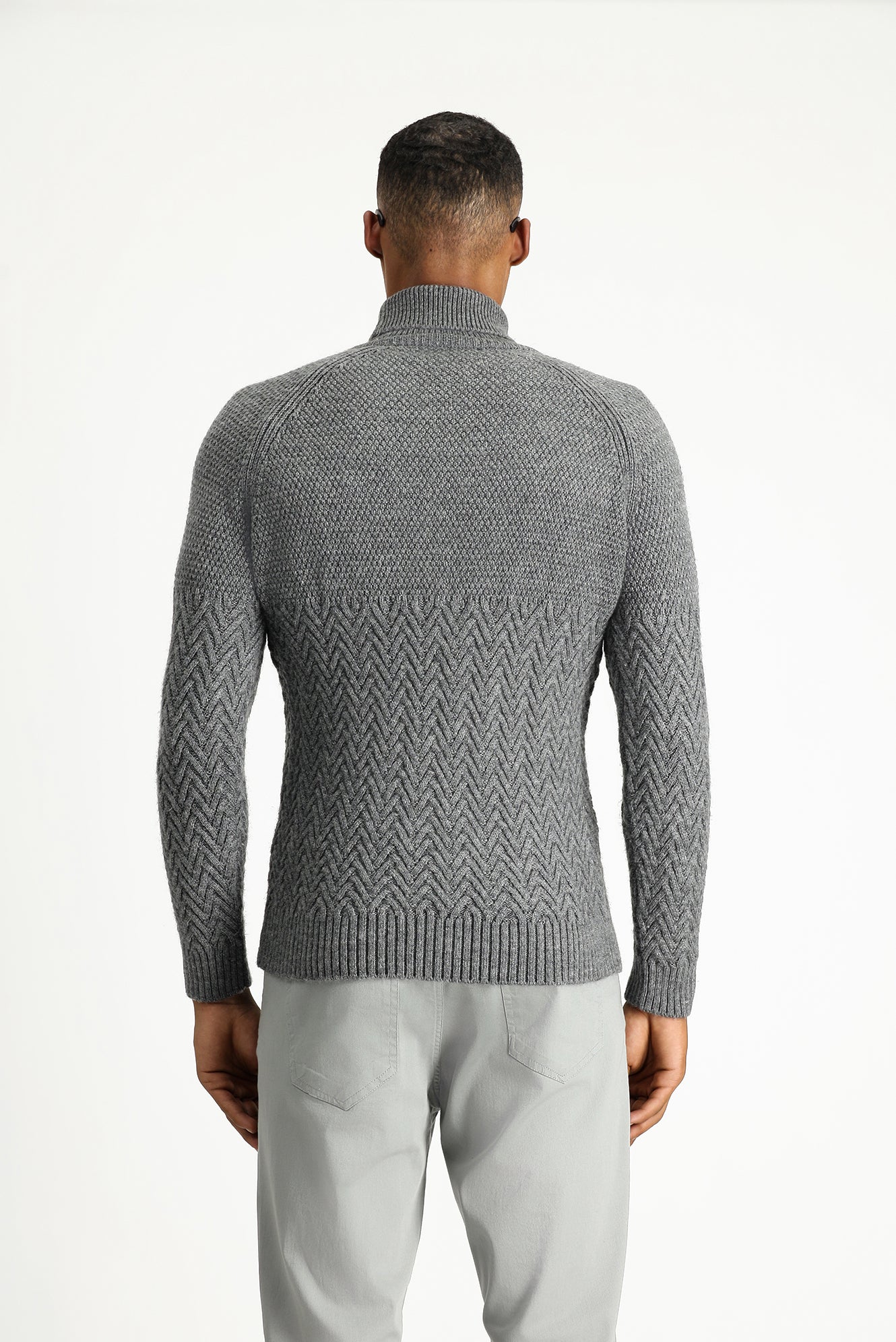 Orta Gri Melanj Balıkçı Yaka Slim Fit Dar Kesim Desenli Yünlü Triko Kazak - Image 4