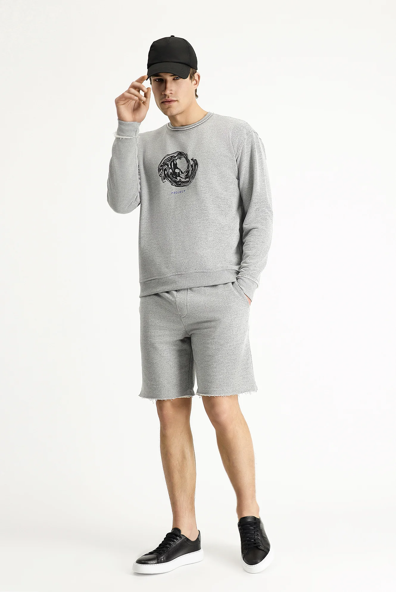 Orta Gri Melanj Bisiklet Yaka Oversize Baskılı Pamuklu Sweatshirt - Image 2