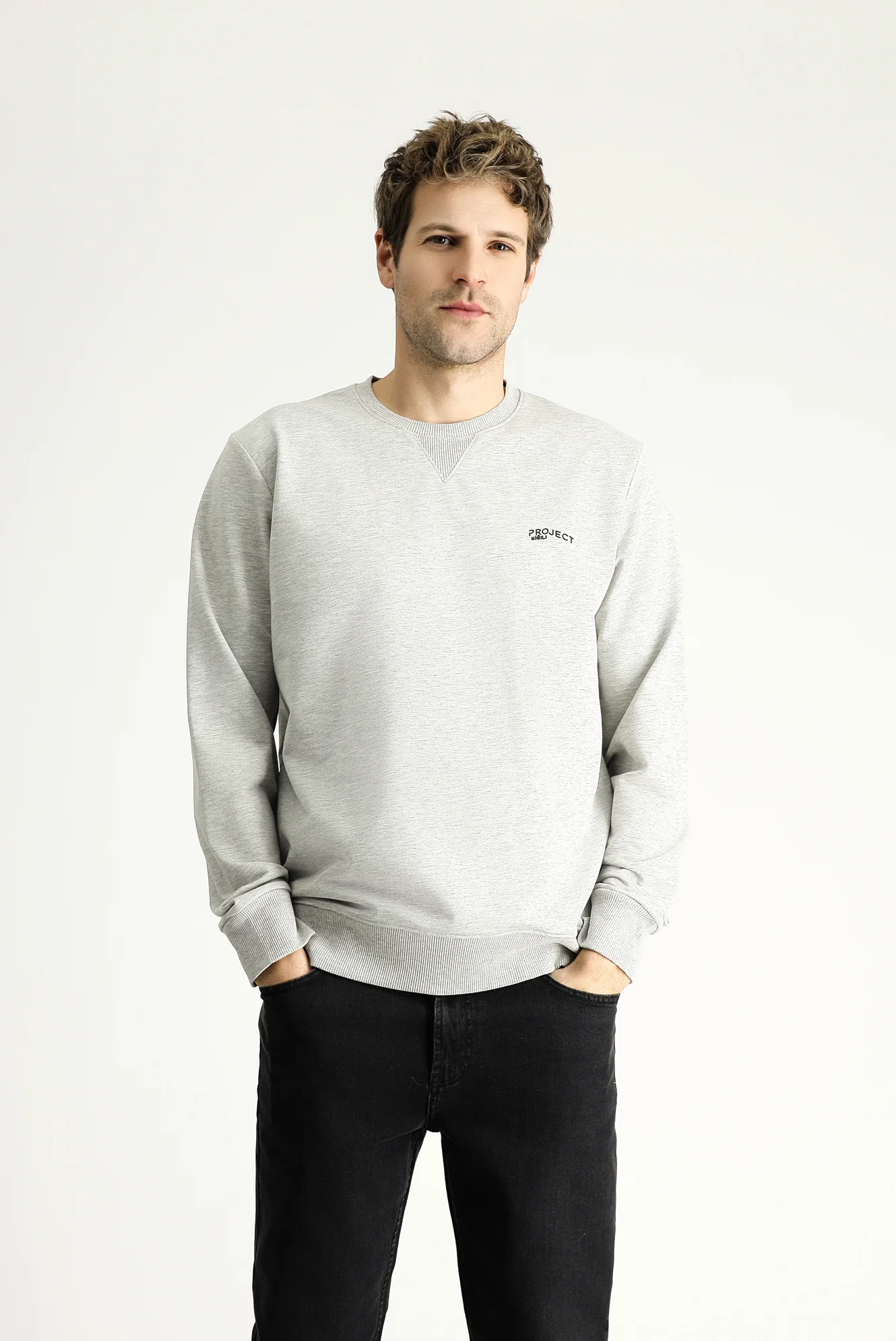 Orta Gri Melanj Bisiklet Yaka Slim Fit Dar Kesim Baskılı Pamuklu Sweatshirt - Image 3