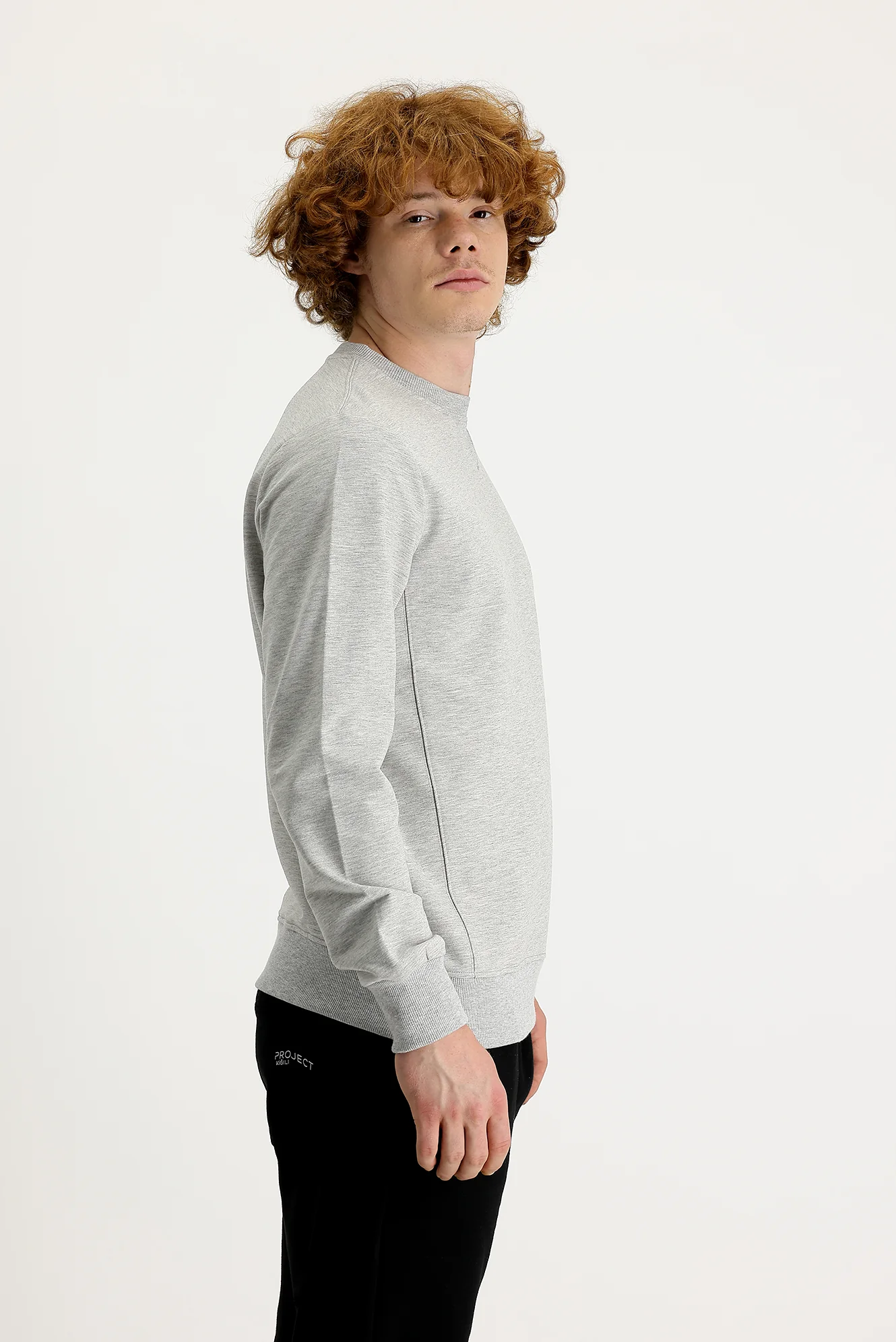 Orta Gri Melanj Bisiklet Yaka Slim Fit Dar Kesim Baskılı Sweatshirt - Image 3