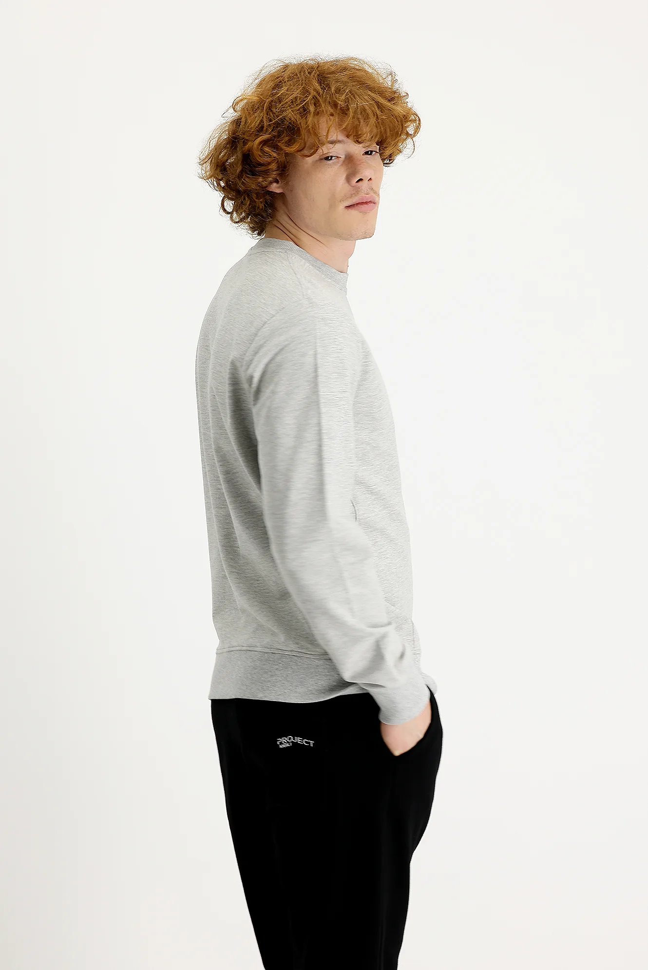 Orta Gri Melanj Bisiklet Yaka Slim Fit Dar Kesim Baskılı Sweatshirt - Image 4