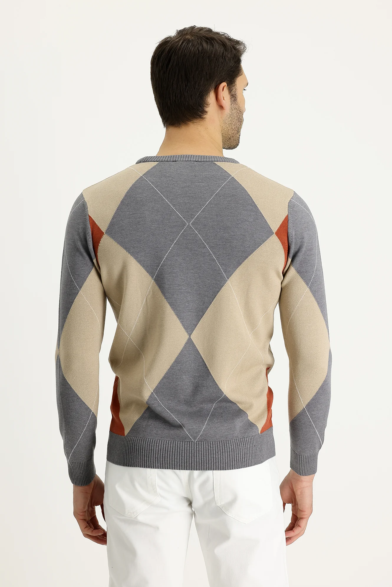 Orta Gri Melanj Bisiklet Yaka Slim Fit Dar Kesim Desenli Pamuklu Triko Kazak - Image 3