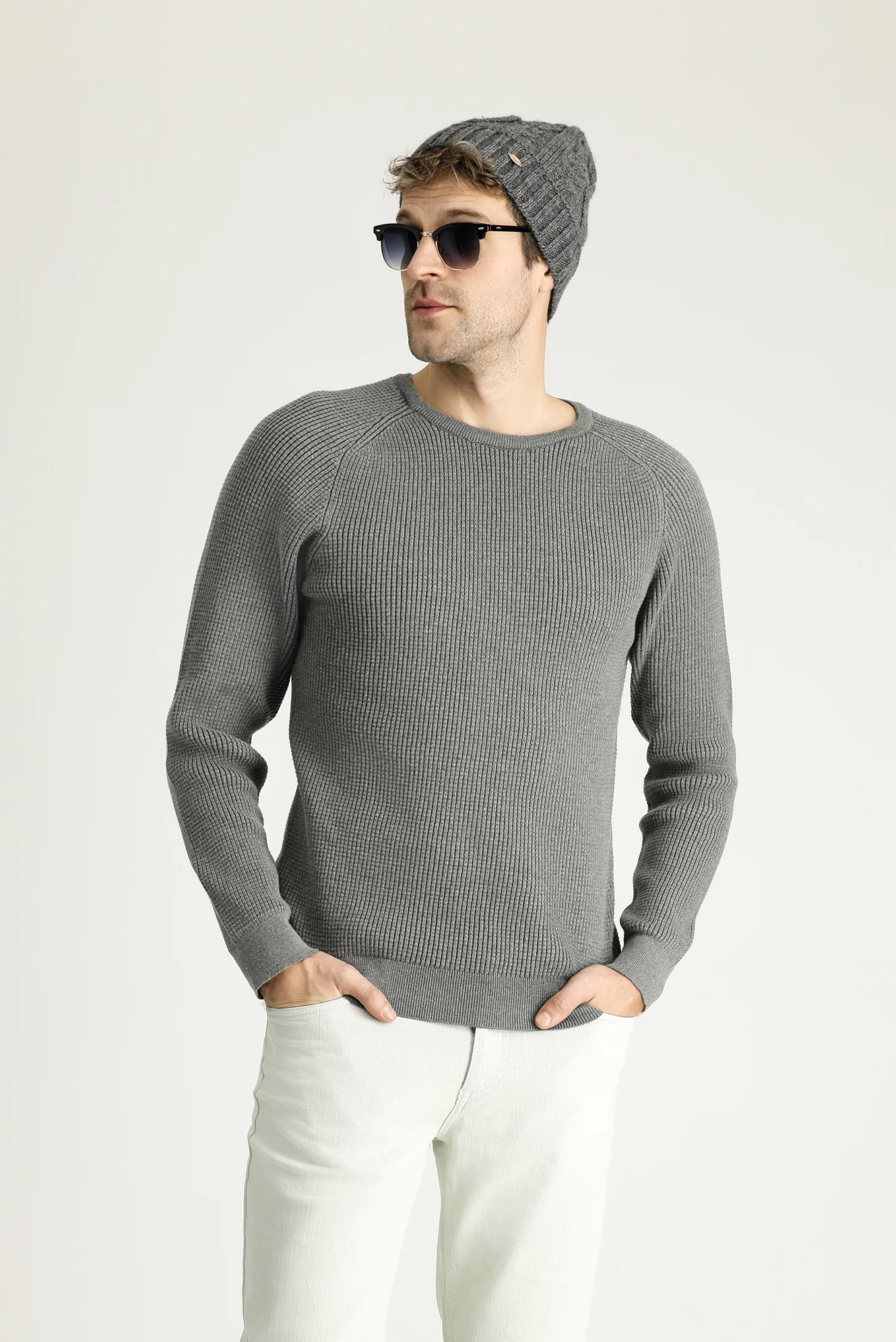 Orta Gri Melanj Bisiklet Yaka Slim Fit Dar Kesim Desenli Pamuklu Triko Kazak - Image 2