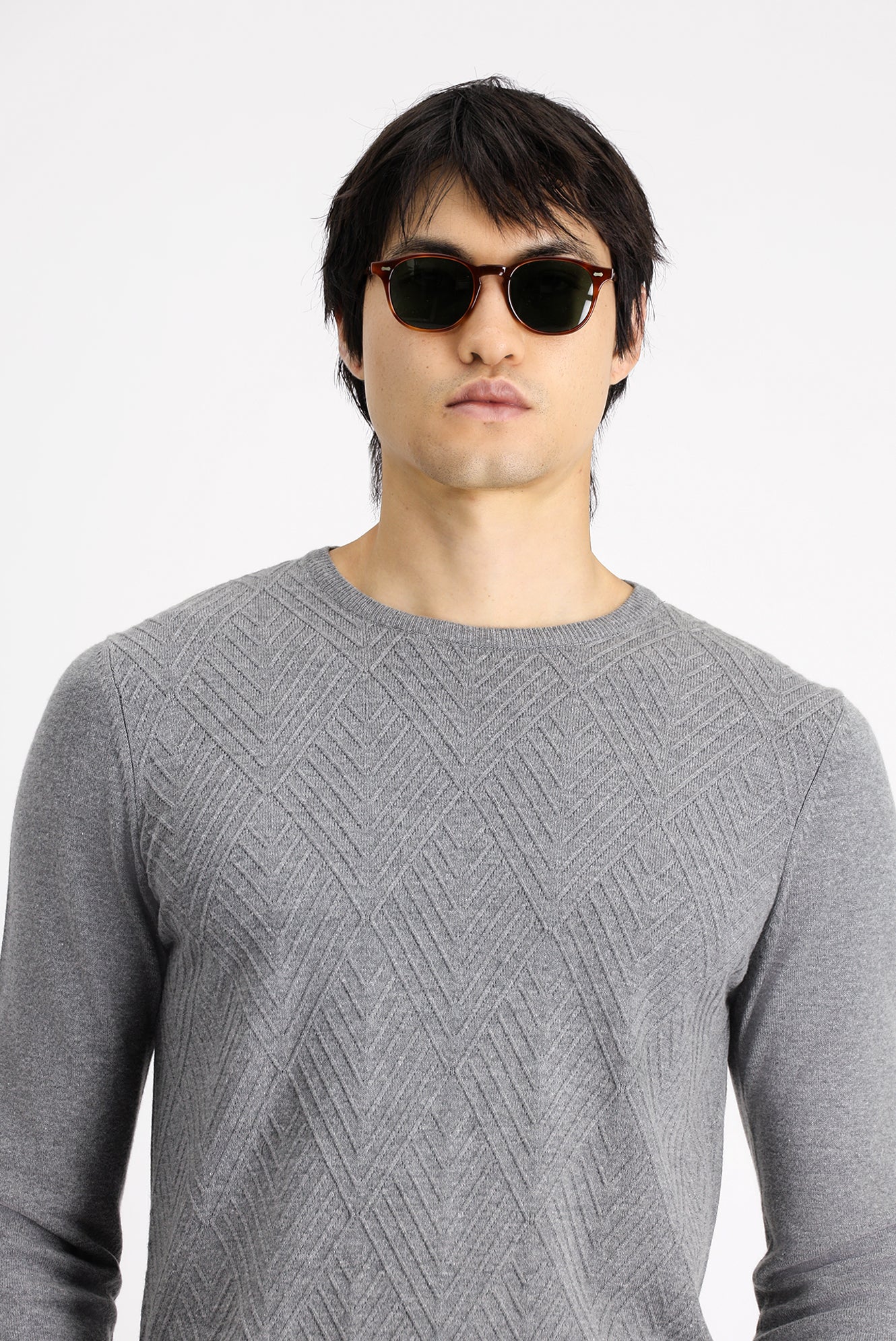 Orta Gri Melanj Bisiklet Yaka Slim Fit Desenli Pamuklu Triko Kazak - Image 2