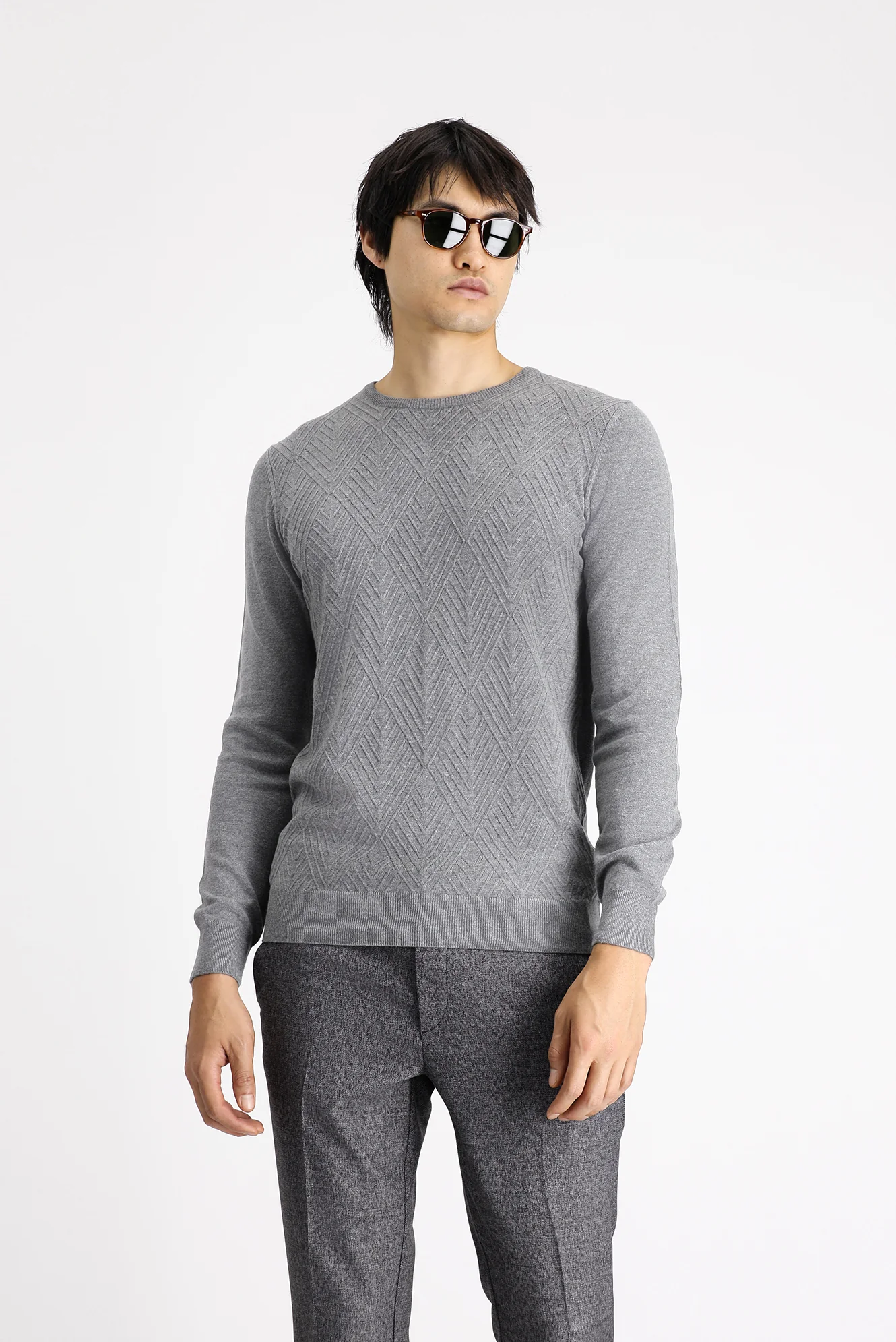 Orta Gri Melanj Bisiklet Yaka Slim Fit Desenli Pamuklu Triko Kazak - Image 3