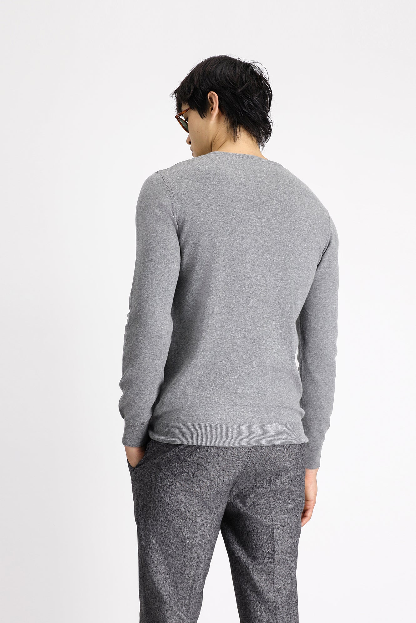 Orta Gri Melanj Bisiklet Yaka Slim Fit Desenli Pamuklu Triko Kazak - Image 4