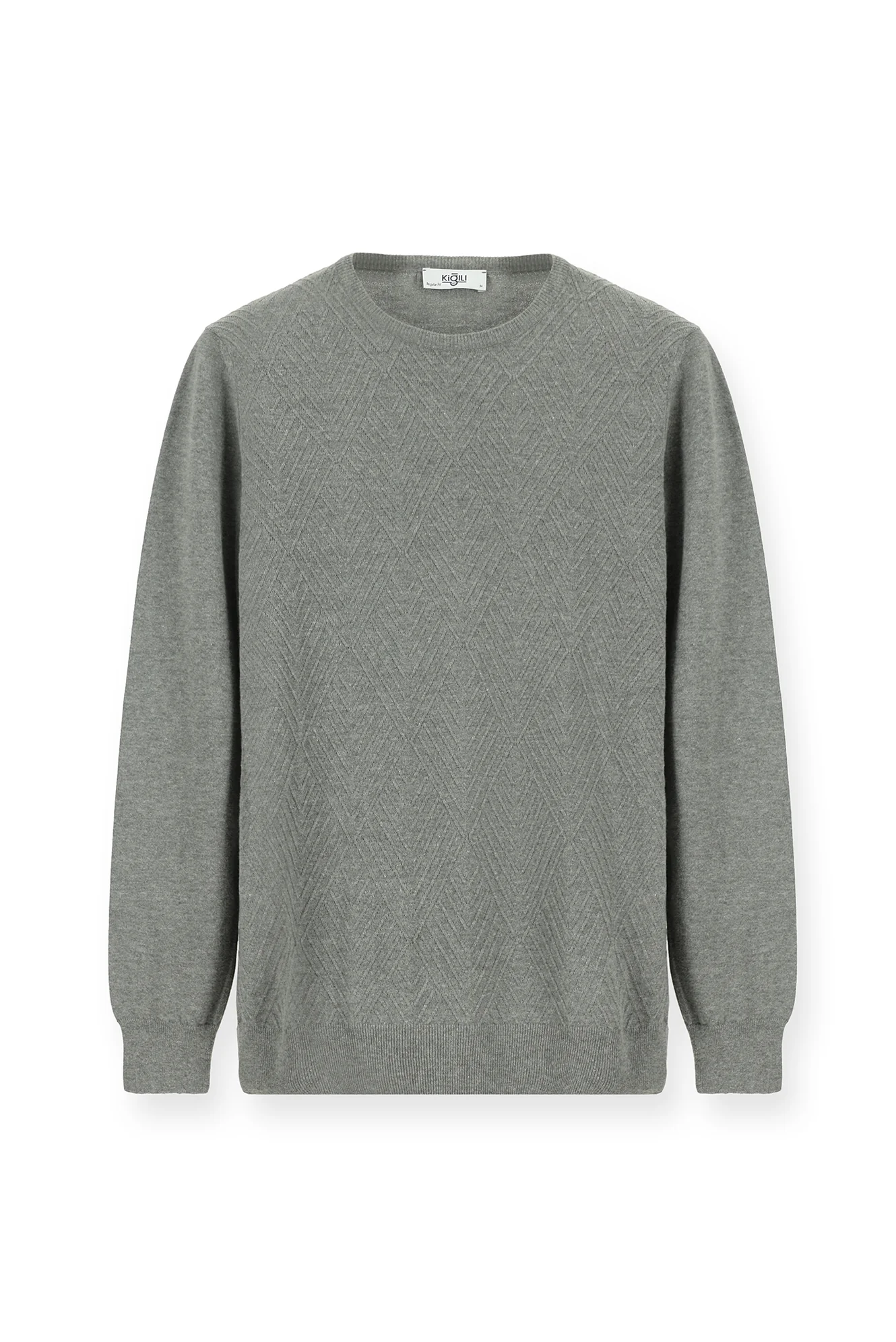 Orta Gri Melanj Bisiklet Yaka Slim Fit Desenli Pamuklu Triko Kazak - Image 7