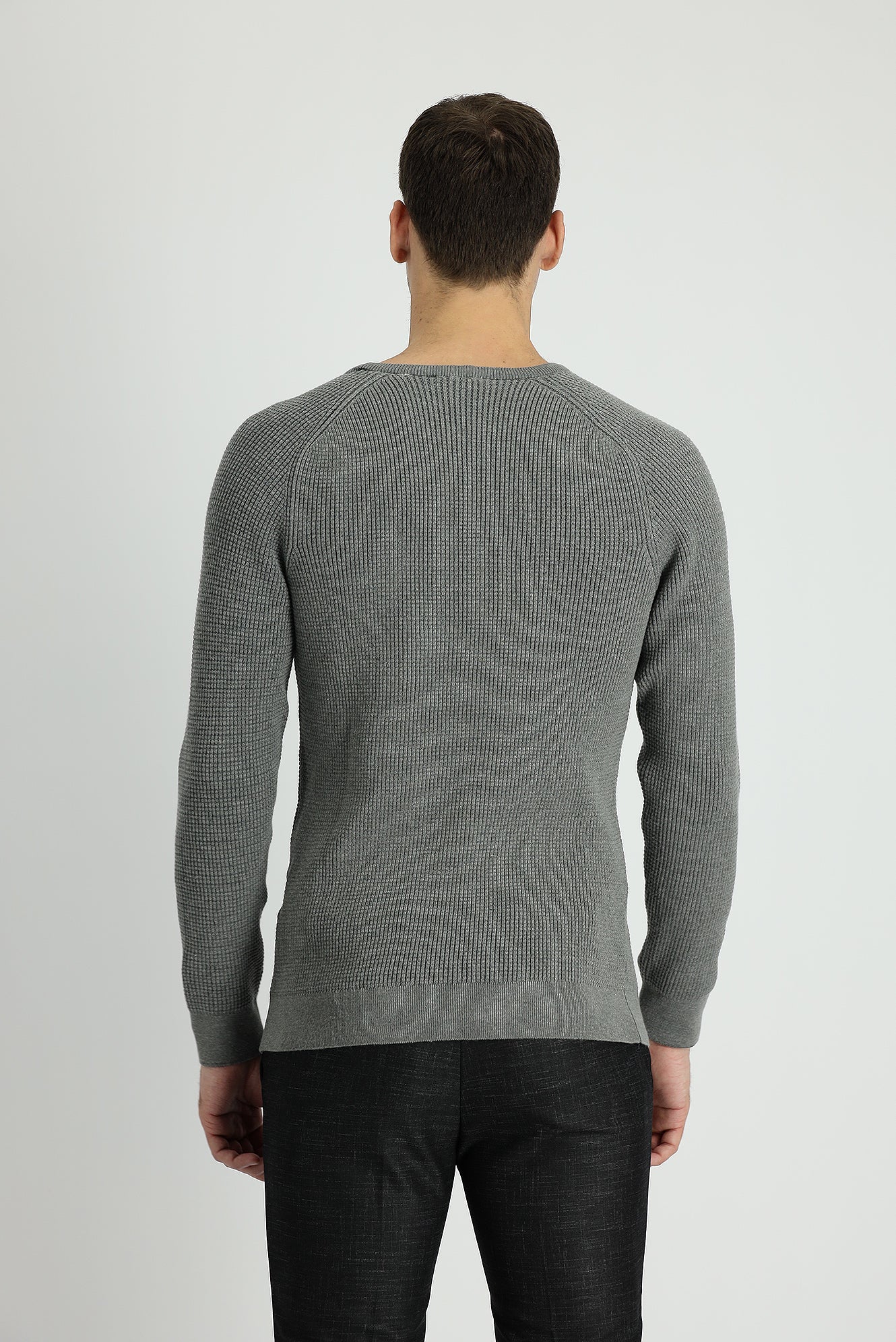 Orta Gri Melanj Bisiklet Yaka Slim Fit Dar Kesim Desenli Triko Kazak - Image 3