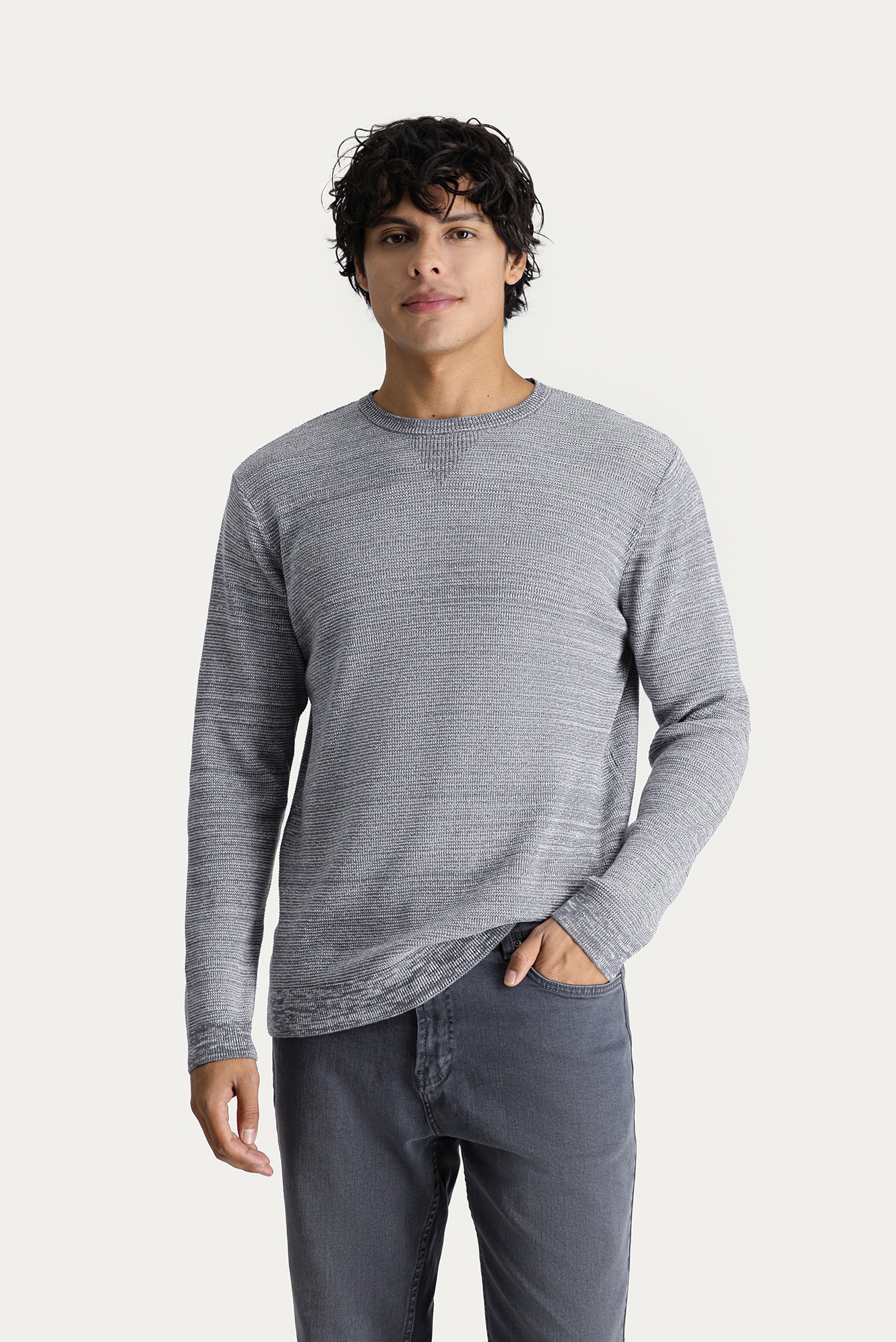 Orta Gri Melanj Bisiklet Yaka Slim Fit Dar Kesim Desenli Pamuklu Triko Kazak - Image 4
