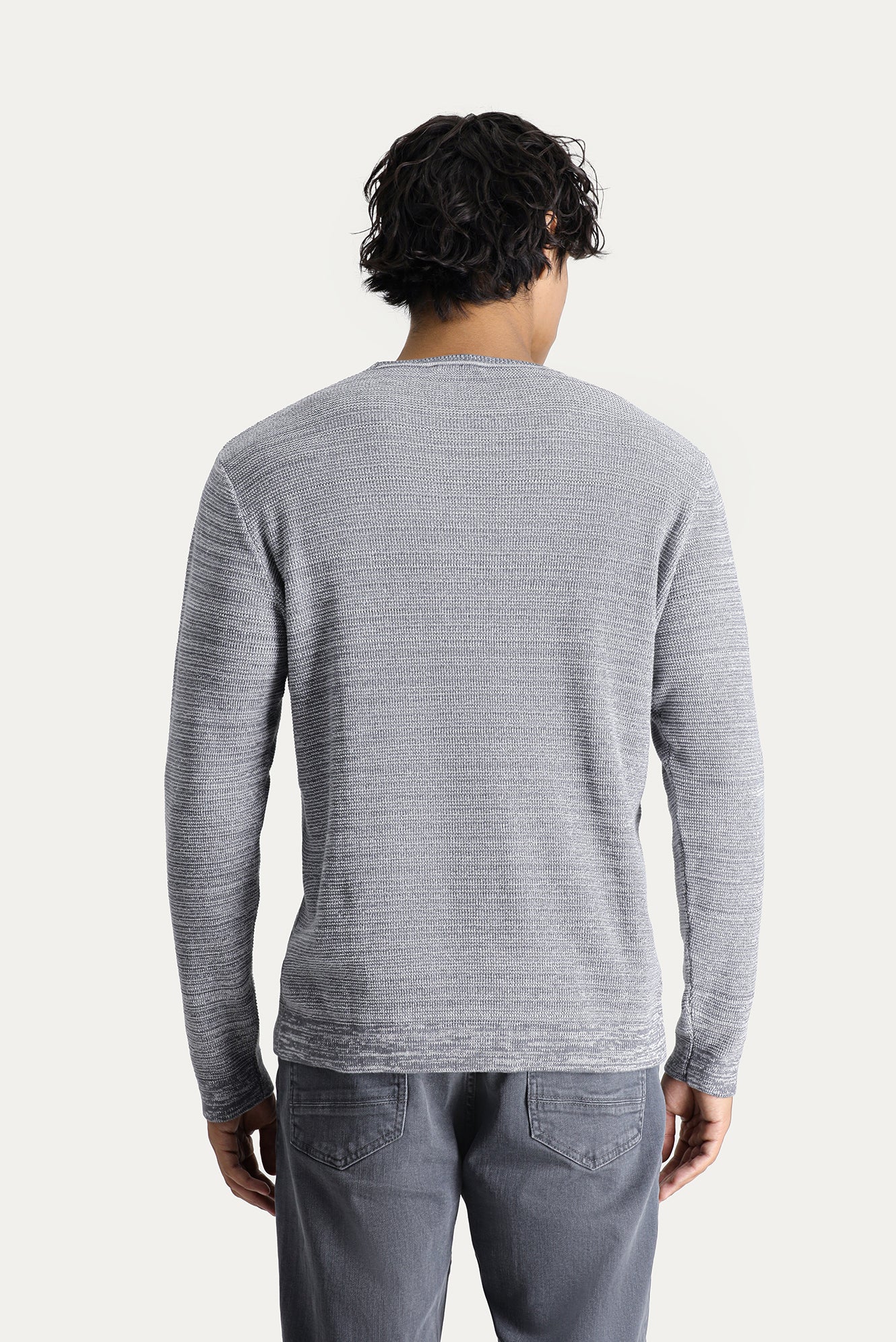Orta Gri Melanj Bisiklet Yaka Slim Fit Dar Kesim Desenli Pamuklu Triko Kazak - Image 5