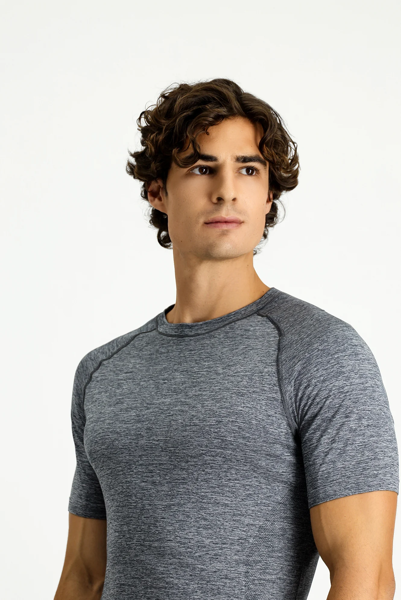 Orta Gri Melanj Bisiklet Yaka Slim Fit Dar Kesim Spor Tişört - Image 3