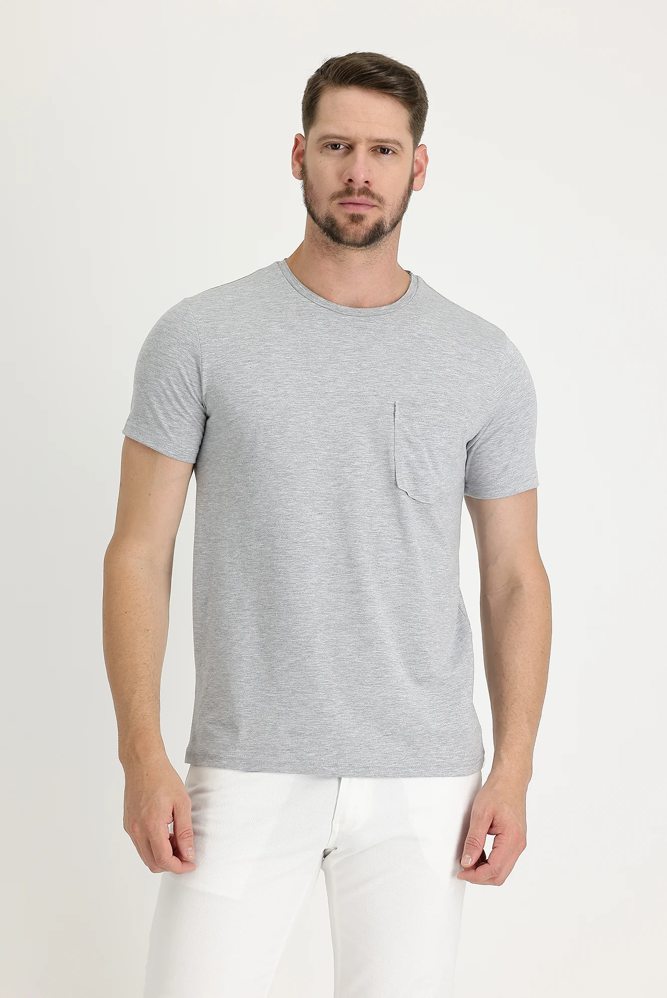 Orta Gri Melanj Bisiklet Yaka Slim Fit Dar Kesim Pamuklu Tişört
