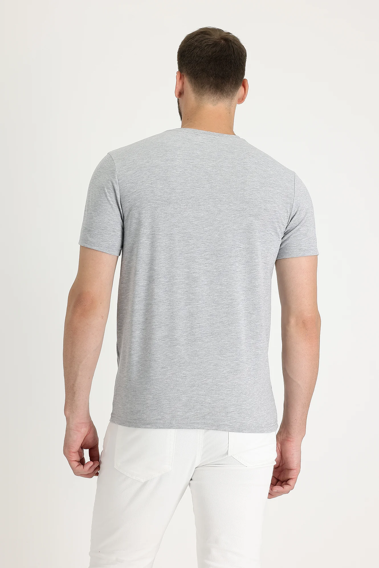 Orta Gri Melanj Bisiklet Yaka Slim Fit Dar Kesim Pamuklu Tişört - Image 2