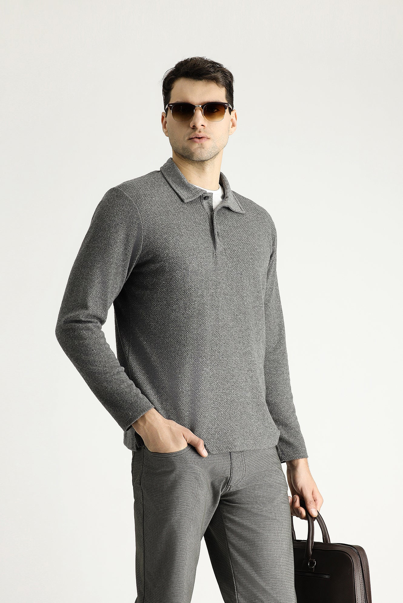 Orta Gri Melanj Polo Yaka Desenli Nakışlı Pamuklu Sweatshirt