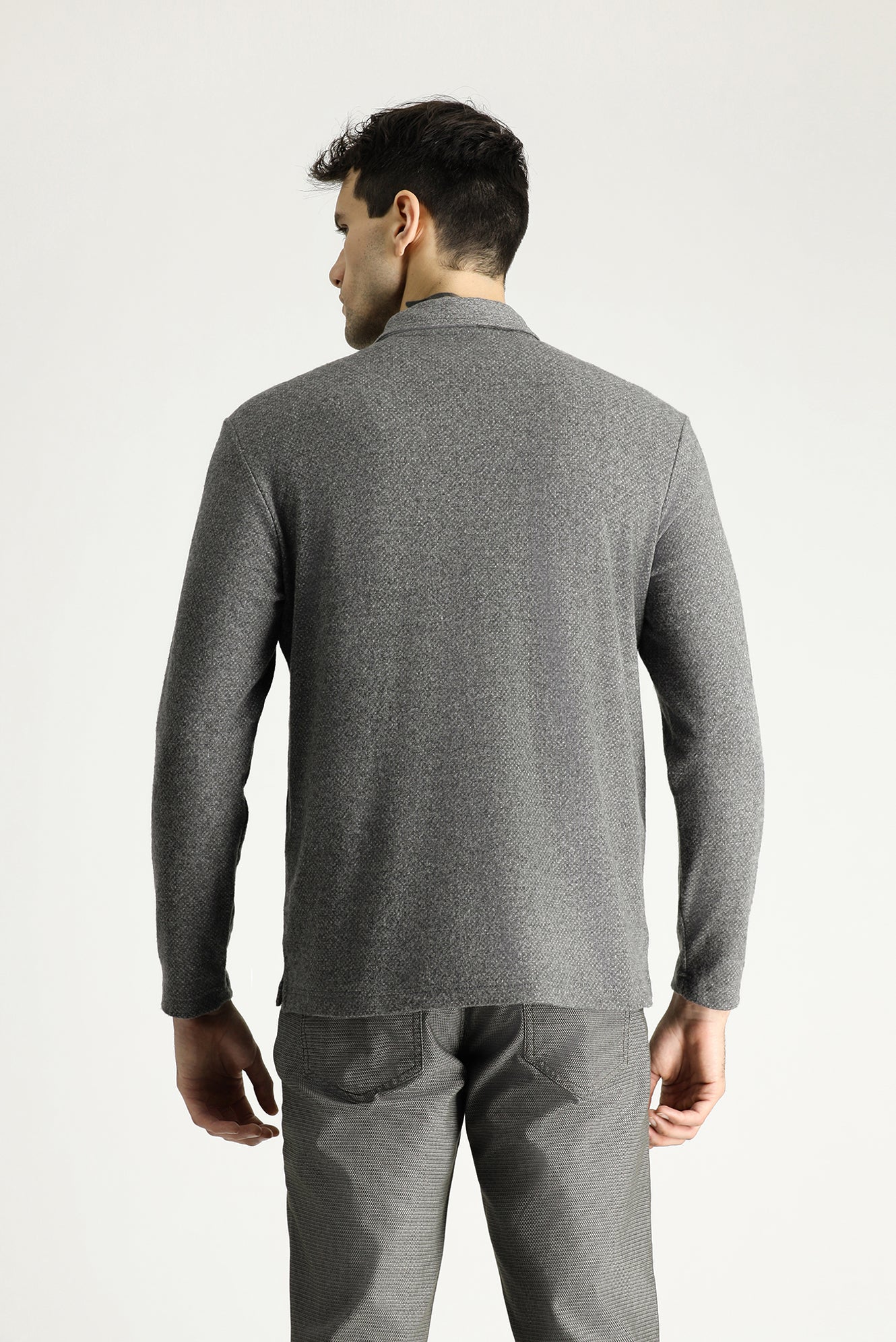 Orta Gri Melanj Polo Yaka Desenli Nakışlı Pamuklu Sweatshirt - Image 4