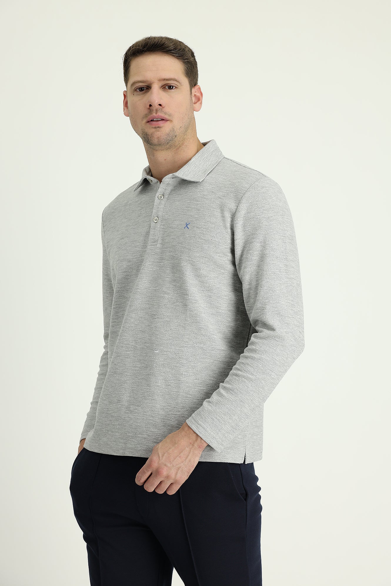 Orta Gri Melanj Polo Yaka Nakışlı Pamuklu Sweatshirt - Image 2