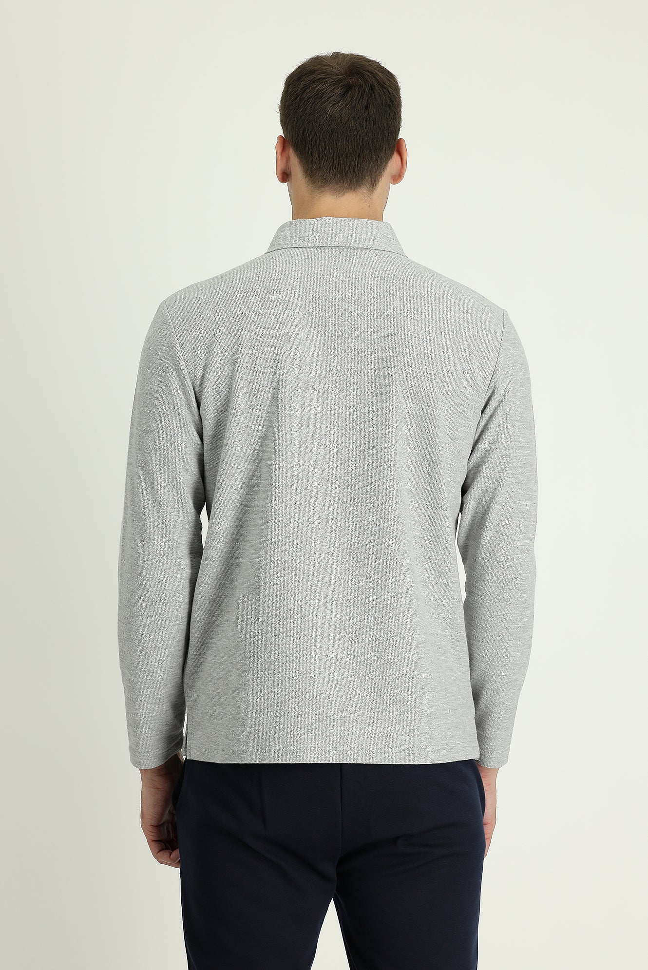 Orta Gri Melanj Polo Yaka Nakışlı Pamuklu Sweatshirt - Image 3
