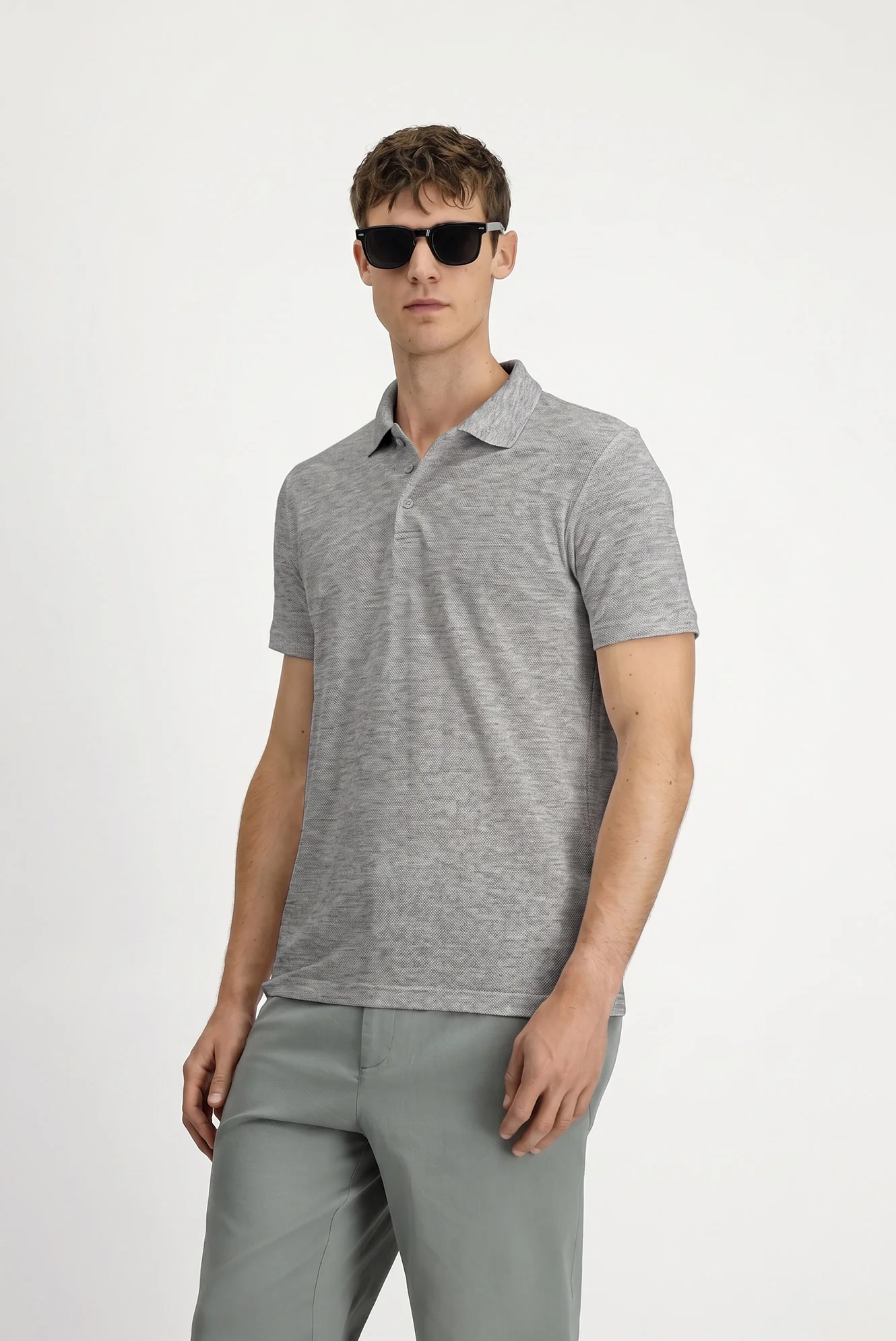 Orta Gri Melanj Polo Yaka Regular Fit Nakışlı Pamuklu Tişört