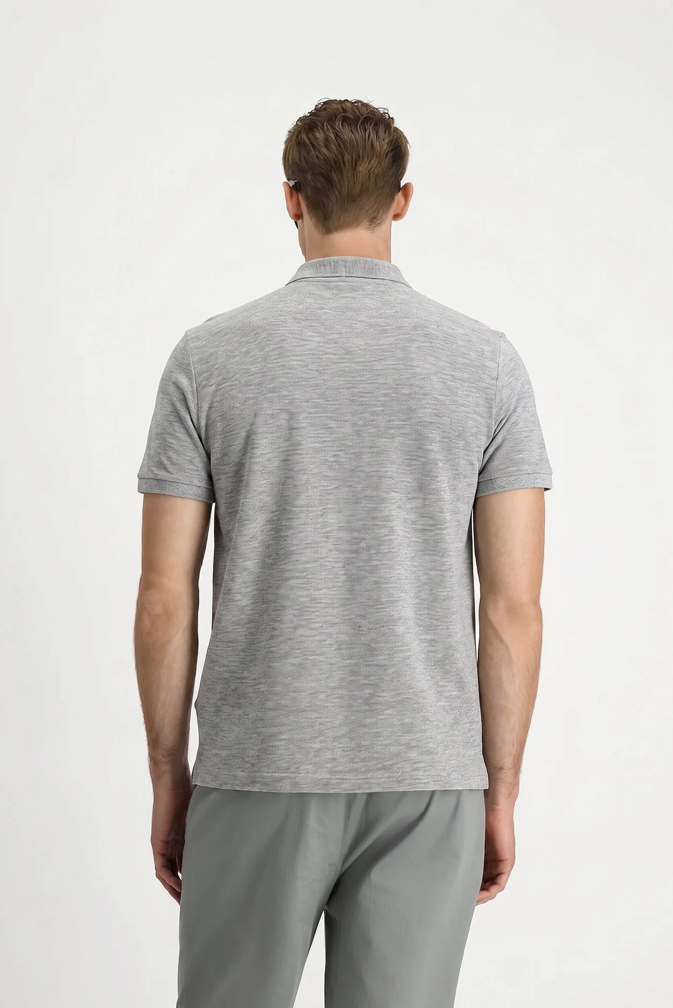 Orta Gri Melanj Polo Yaka Regular Fit Nakışlı Pamuklu Tişört - Image 2