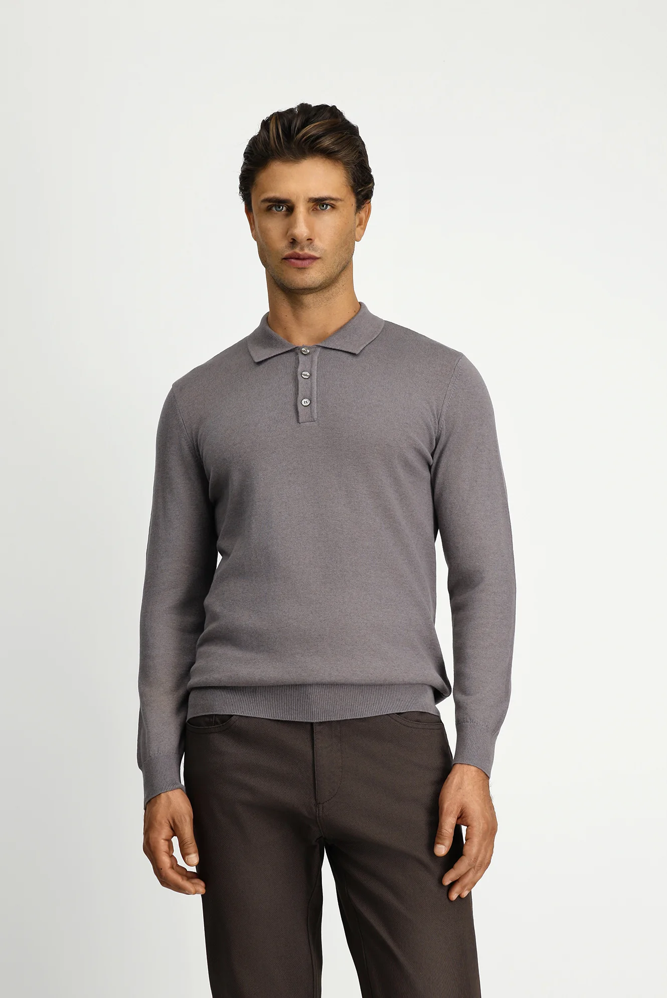 Orta Gri Melanj Polo Yaka Regular Fit Pamuklu Kaşmirli Triko Kazak