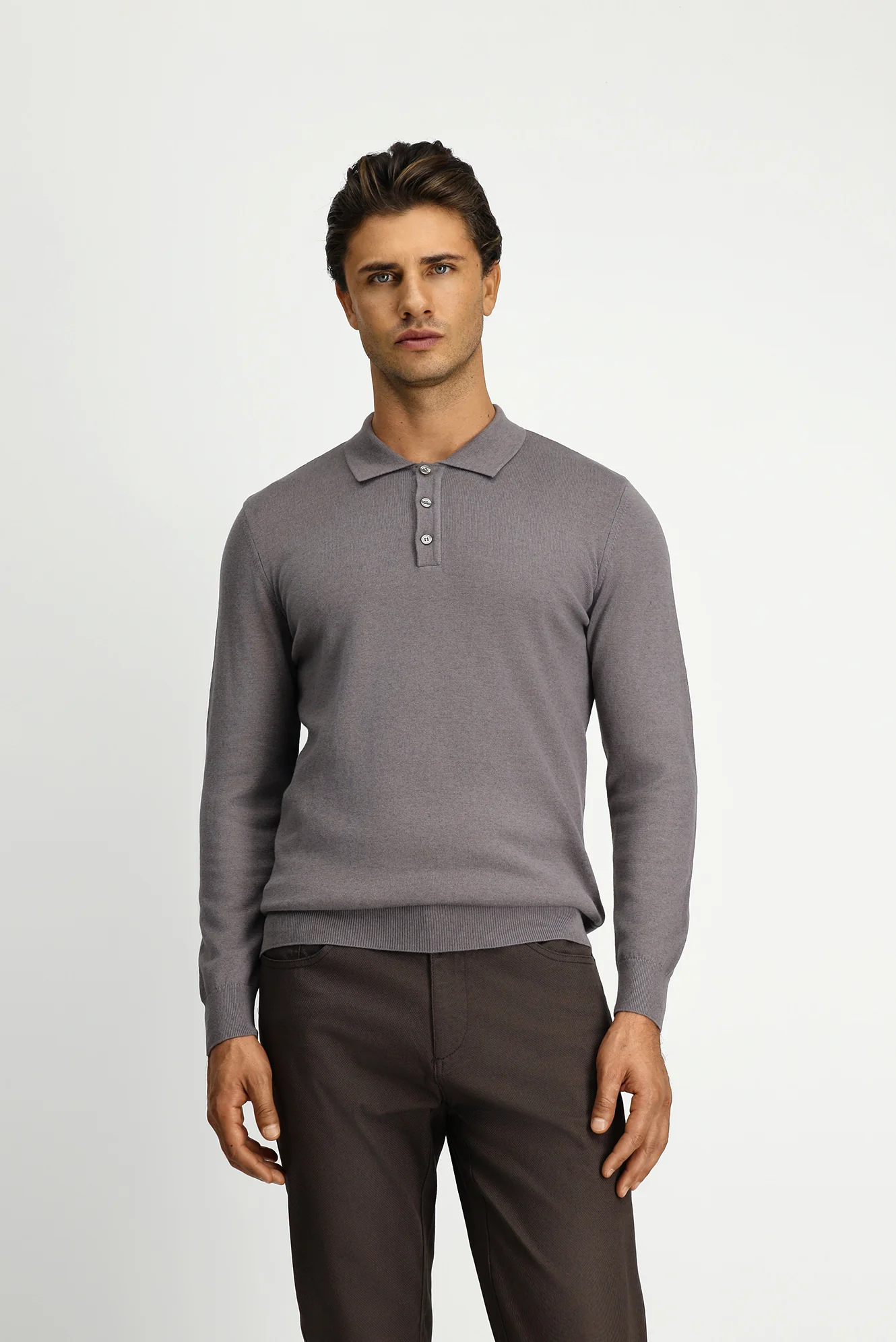 Orta Gri Melanj Polo Yaka Regular Fit Pamuklu Kaşmirli Triko Kazak - Image 4