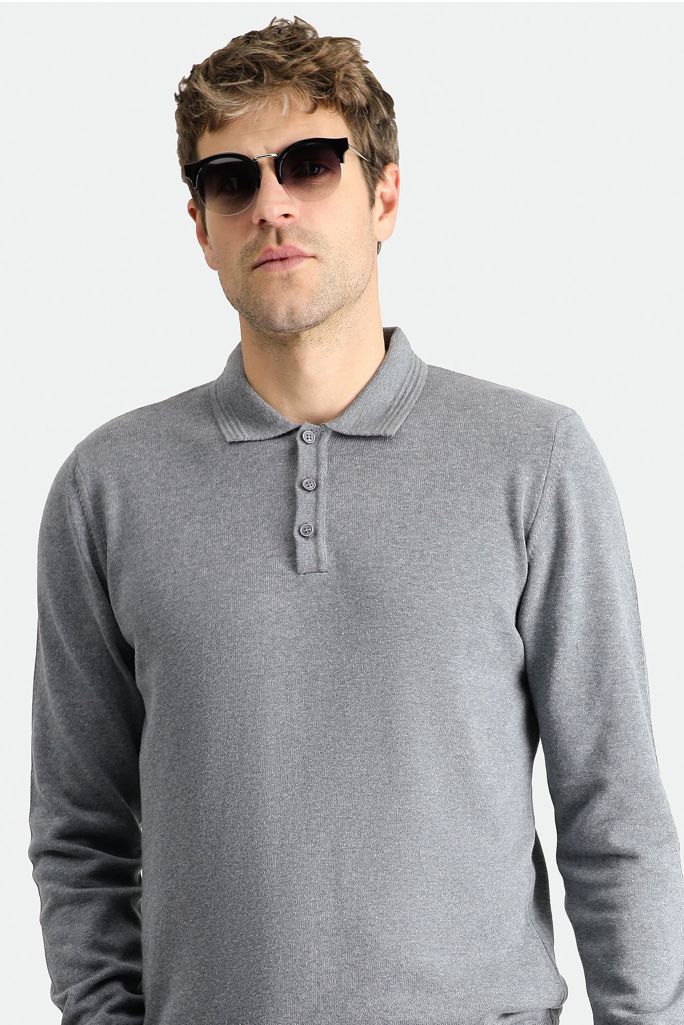 Orta Gri Melanj Polo Yaka Regular Fit Pamuklu Triko Kazak - Image 2