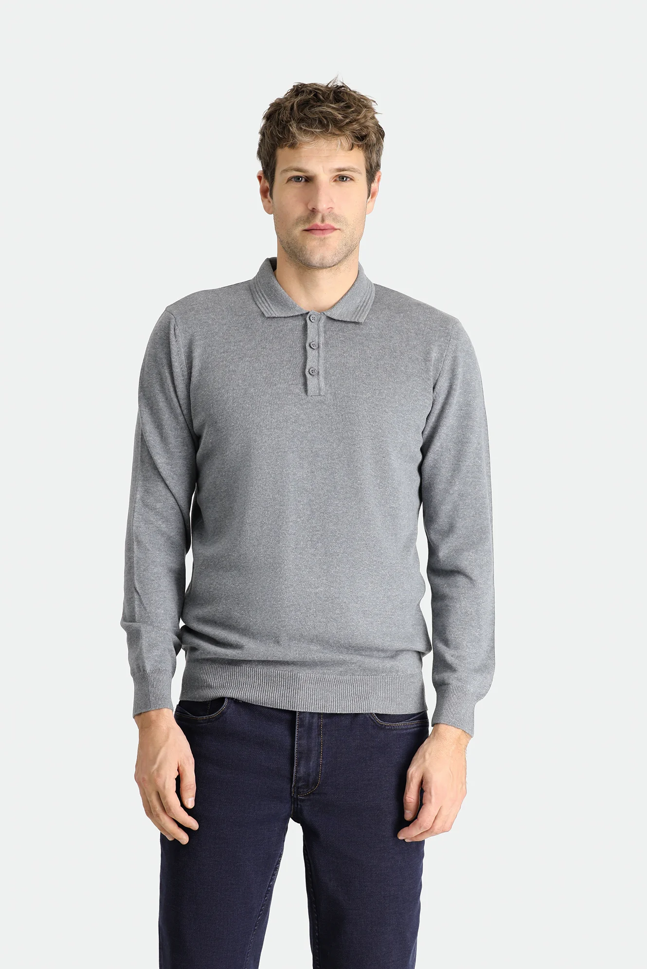 Orta Gri Melanj Polo Yaka Regular Fit Pamuklu Triko Kazak - Image 3