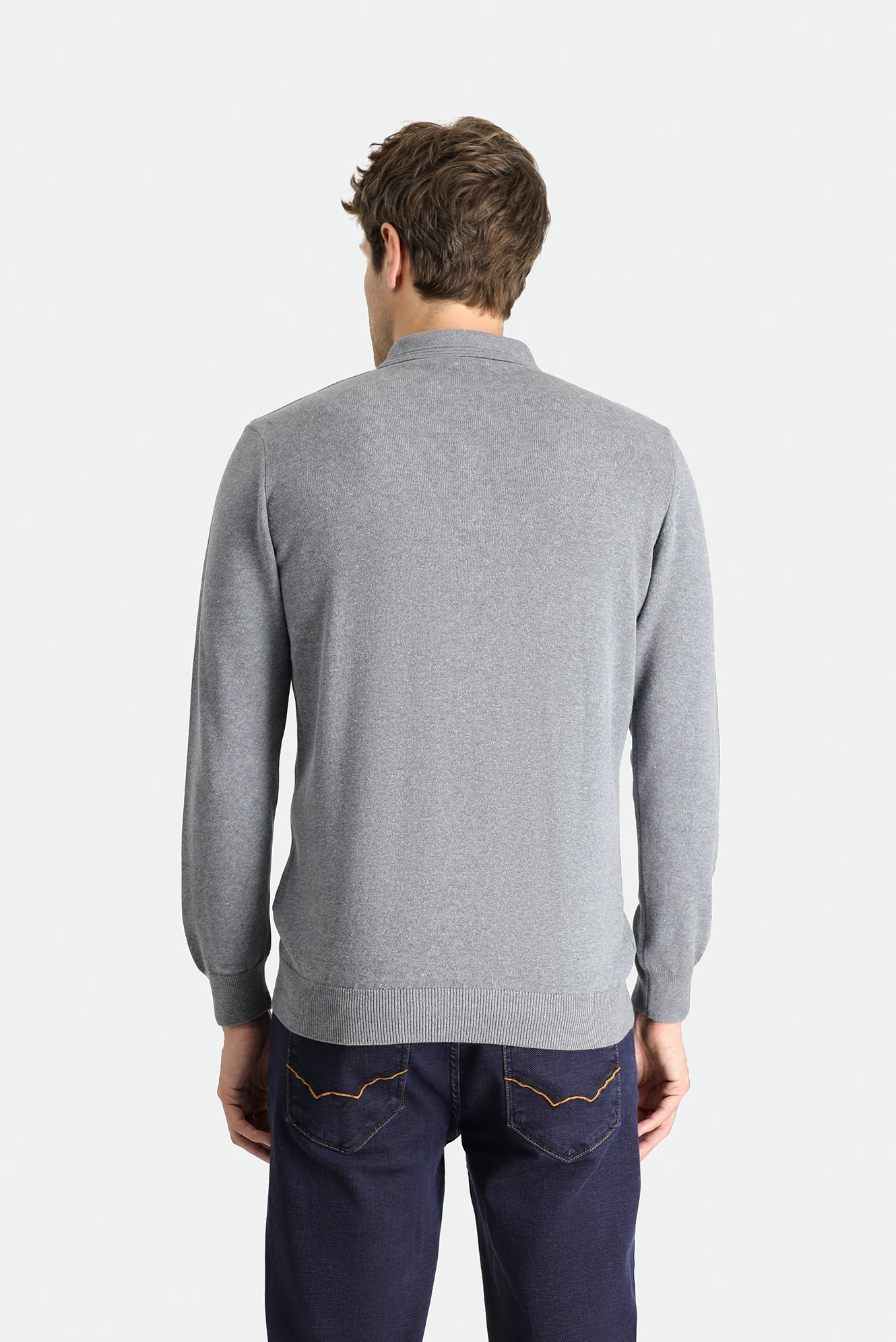 Orta Gri Melanj Polo Yaka Regular Fit Pamuklu Triko Kazak - Image 4