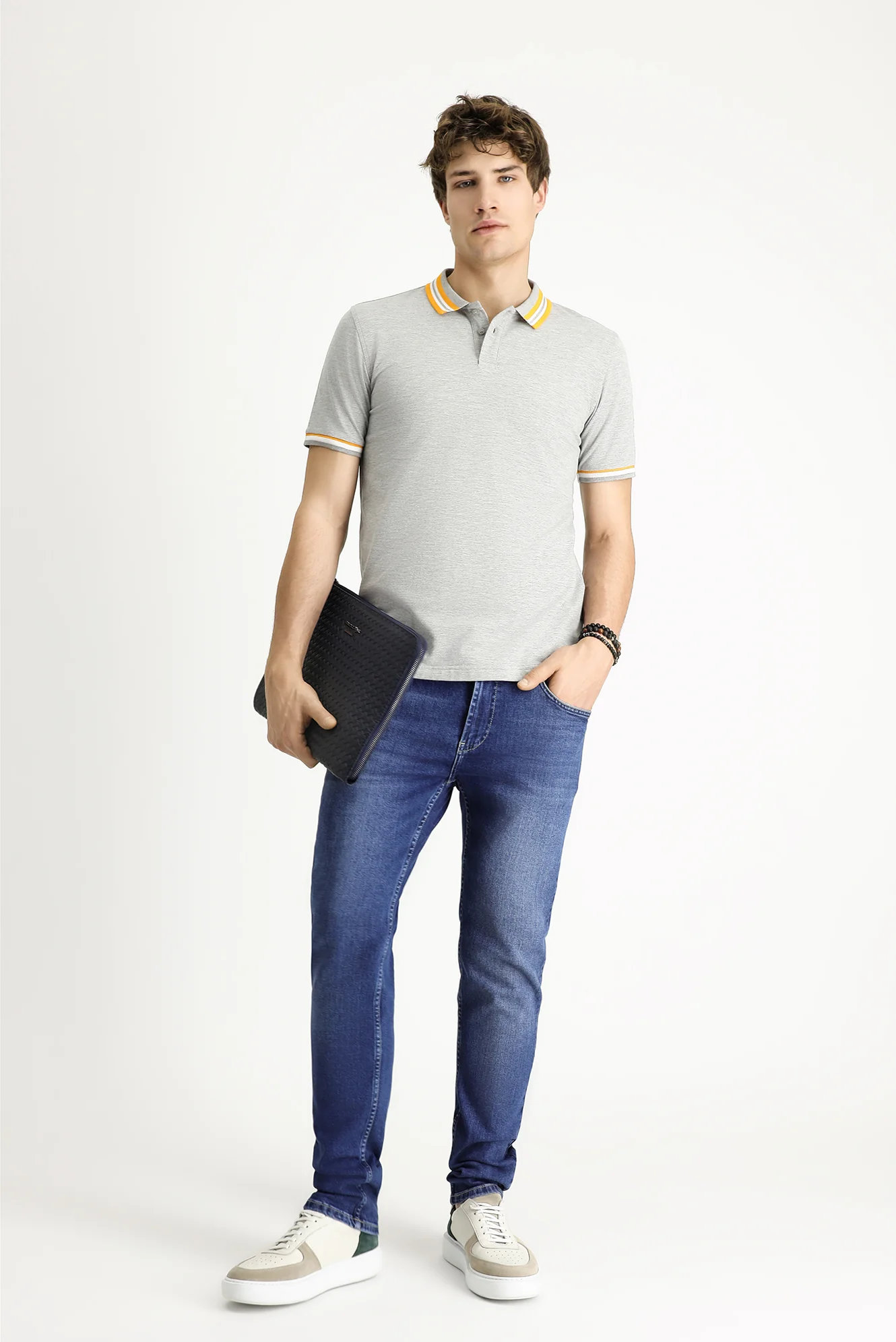 Orta Gri Melanj Polo Yaka Slim Fit Dar Kesim Desenli Pamuklu Tişört - Image 2