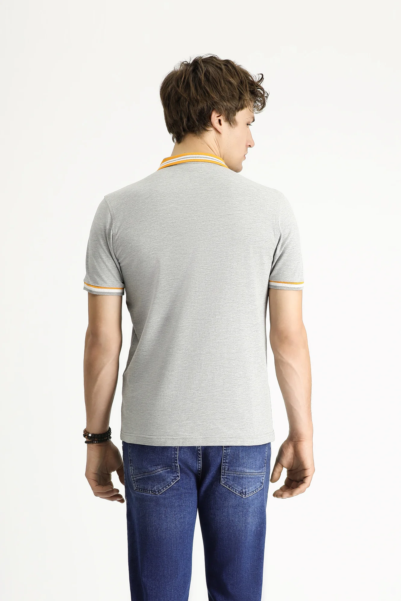 Orta Gri Melanj Polo Yaka Slim Fit Dar Kesim Desenli Pamuklu Tişört - Image 4