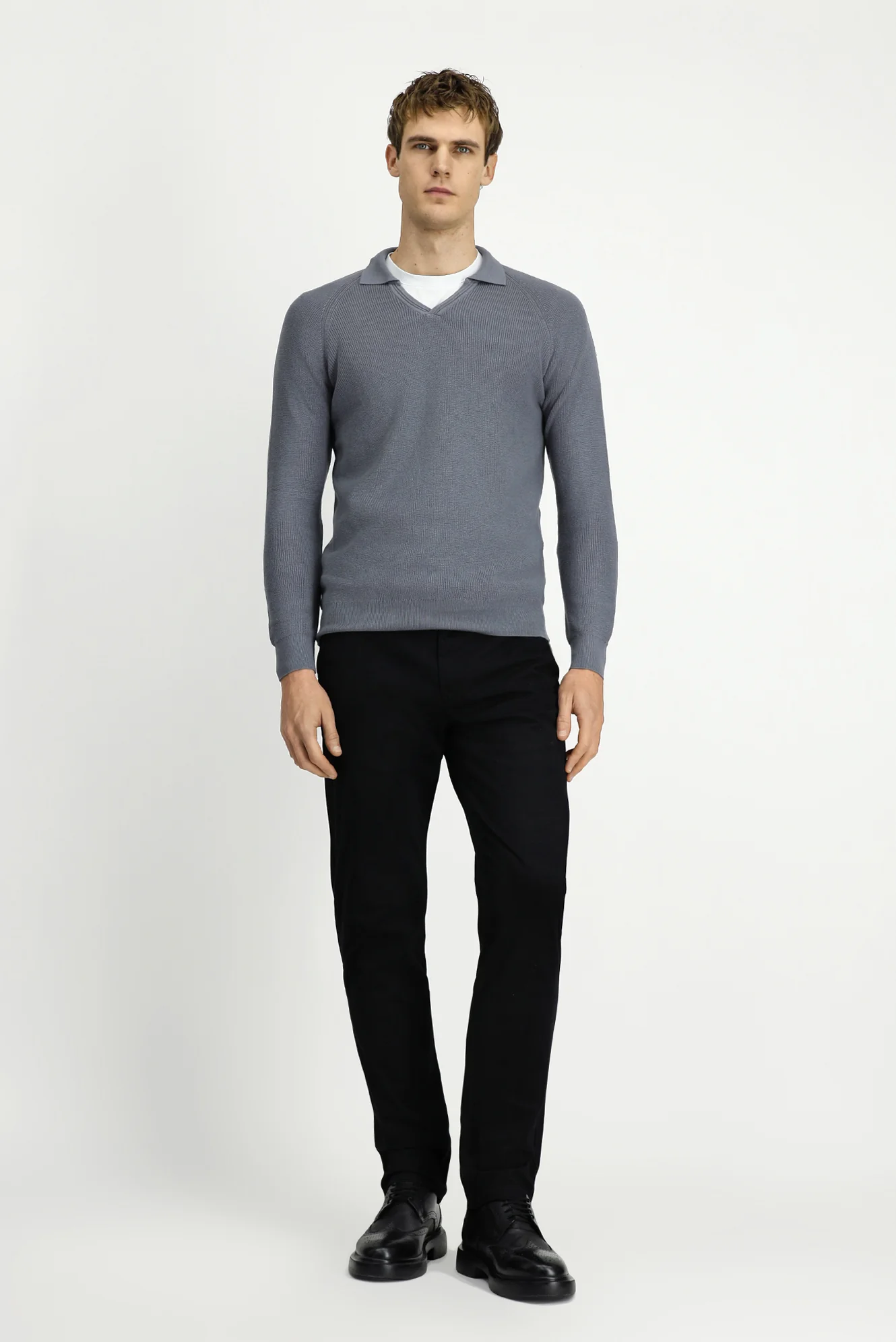 Orta Gri Melanj Polo Yaka Slim Fit Dar Kesim Desenli Pamuklu Yünlü Triko Kazak - Image 3