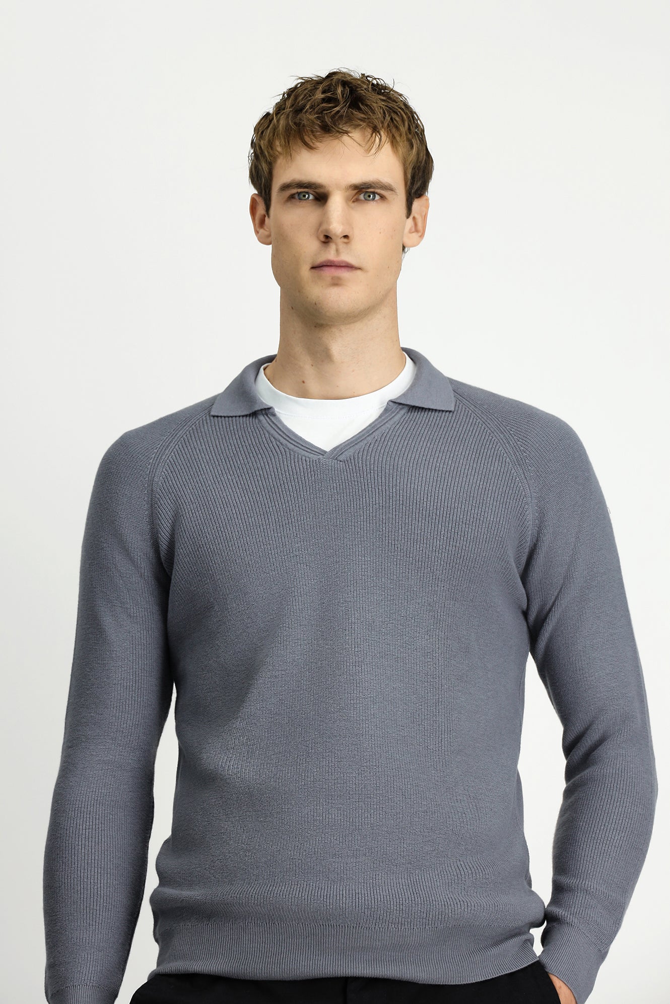 Orta Gri Melanj Polo Yaka Slim Fit Dar Kesim Desenli Pamuklu Yünlü Triko Kazak - Image 4