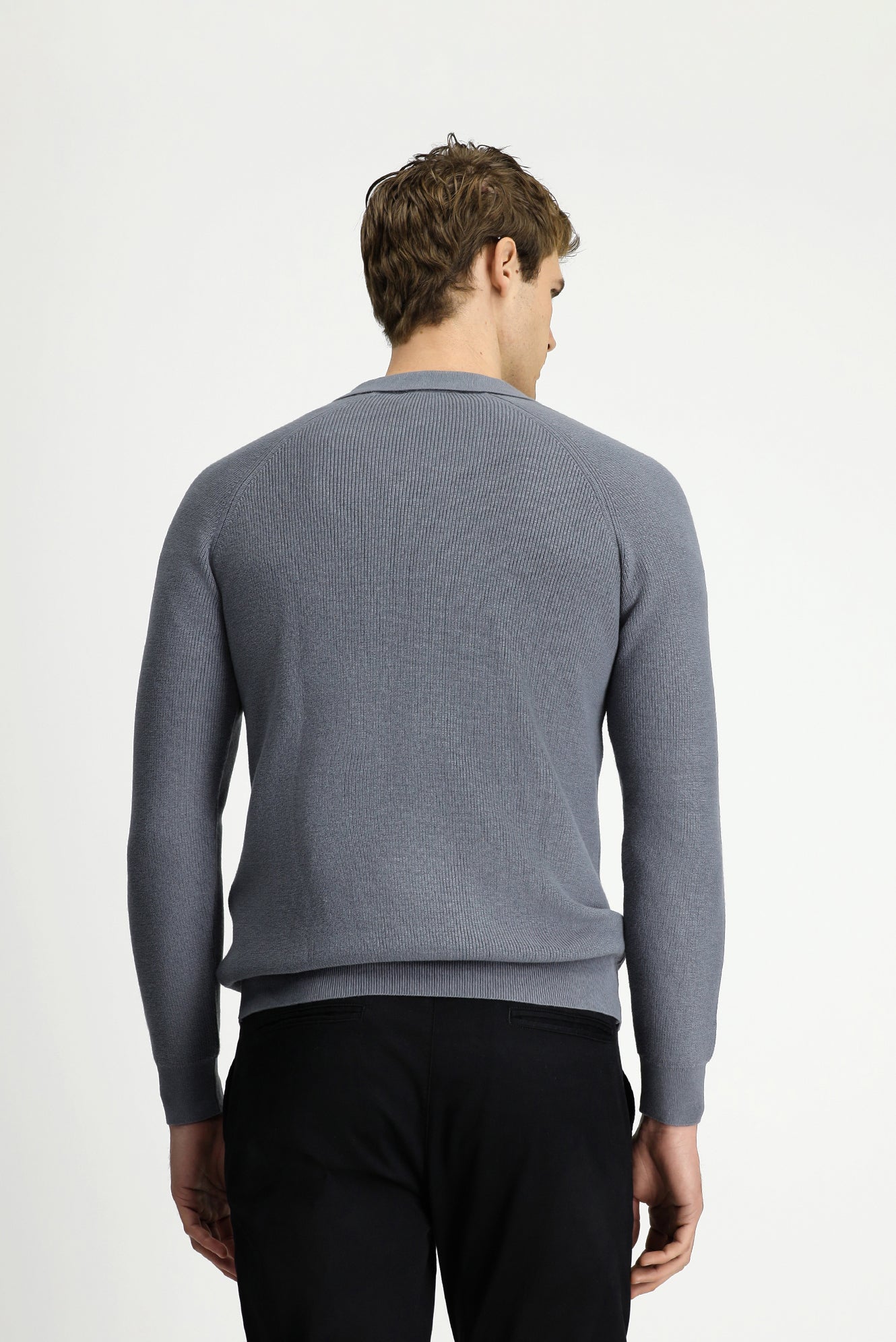 Orta Gri Melanj Polo Yaka Slim Fit Dar Kesim Desenli Pamuklu Yünlü Triko Kazak - Image 5
