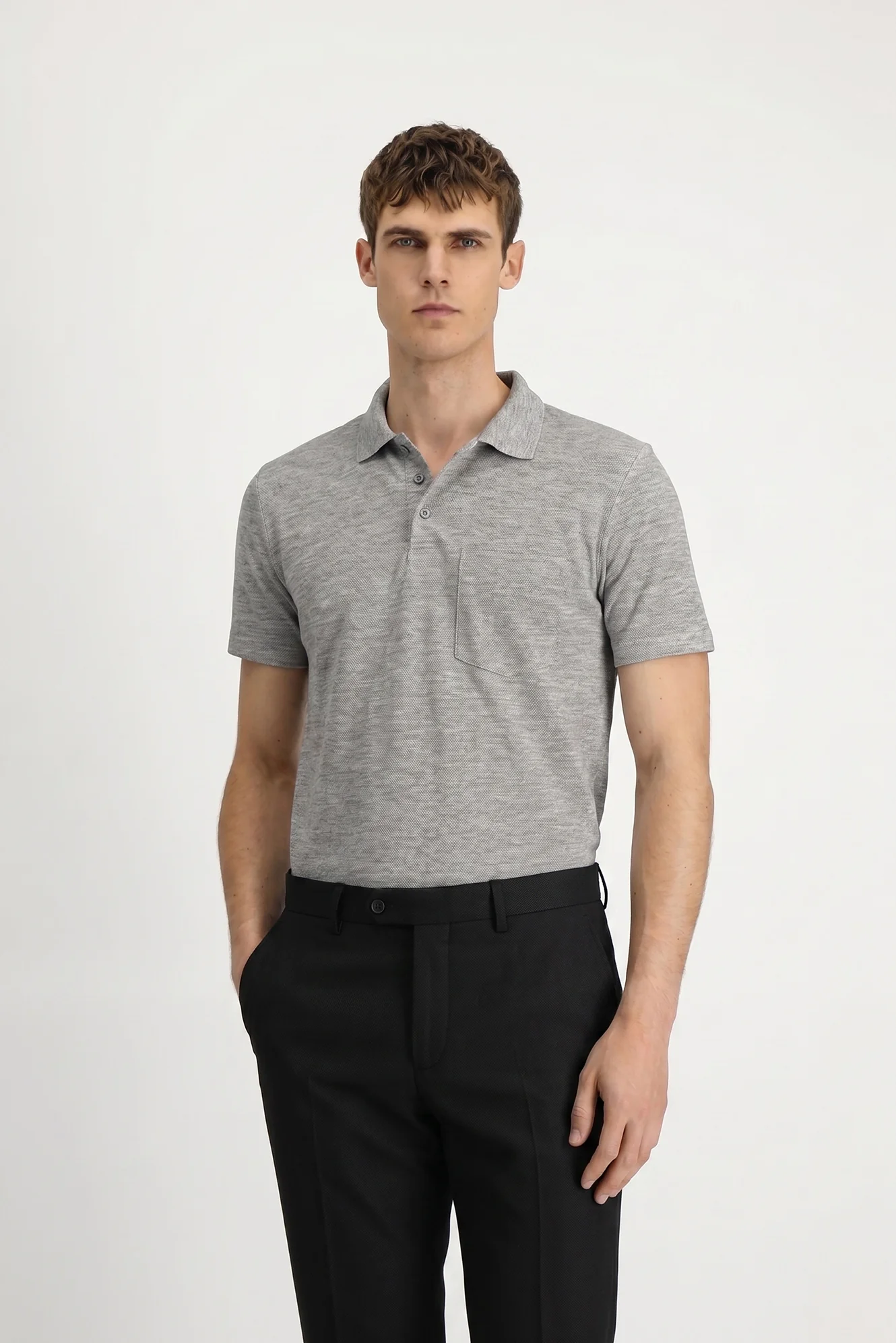 Orta Gri Melanj Regular Fit Pamuklu Nakışlı Cepli Polo Yaka Tişört