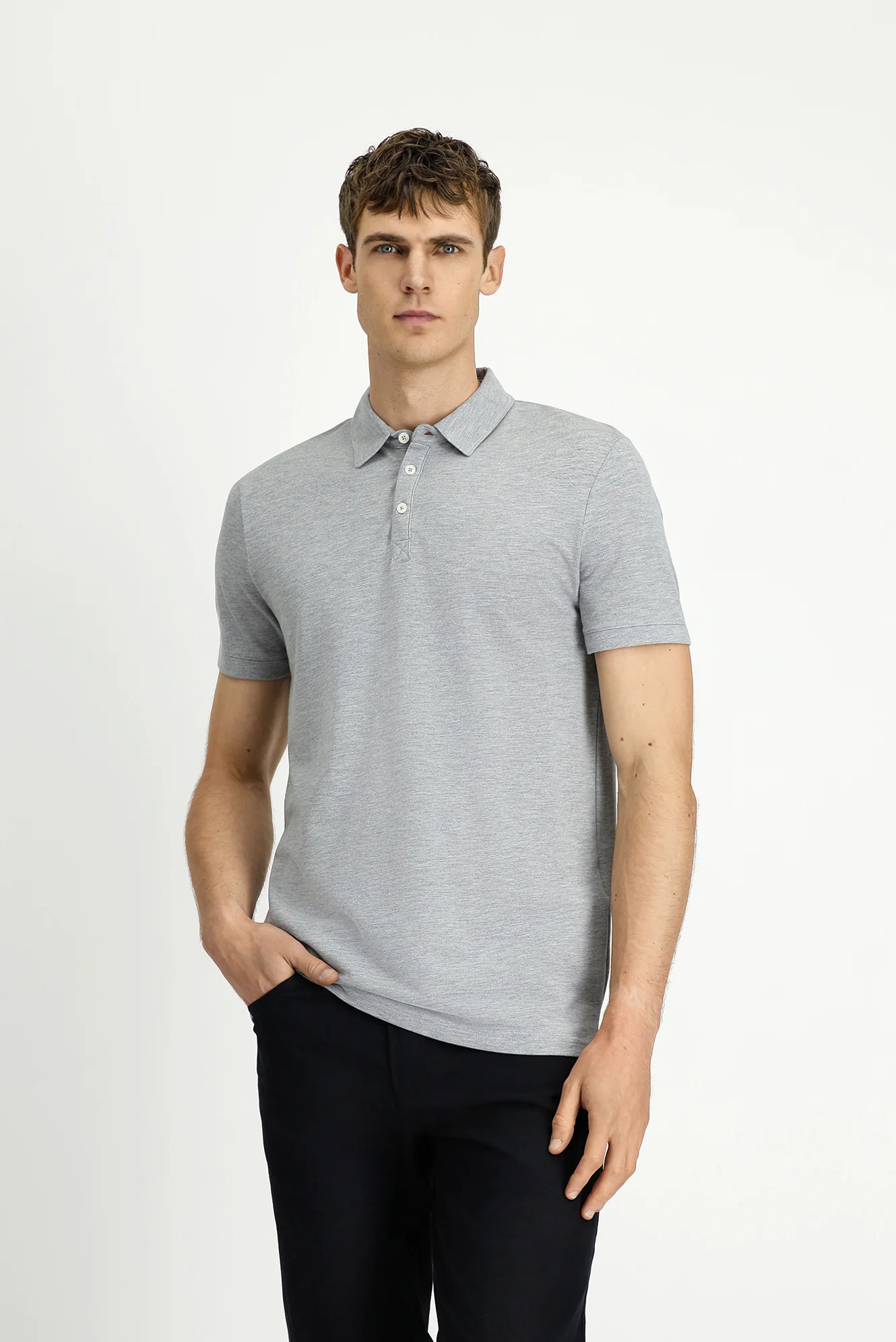 Orta Gri Melanj Regular Fit Pamuklu Polo Yaka Tişört