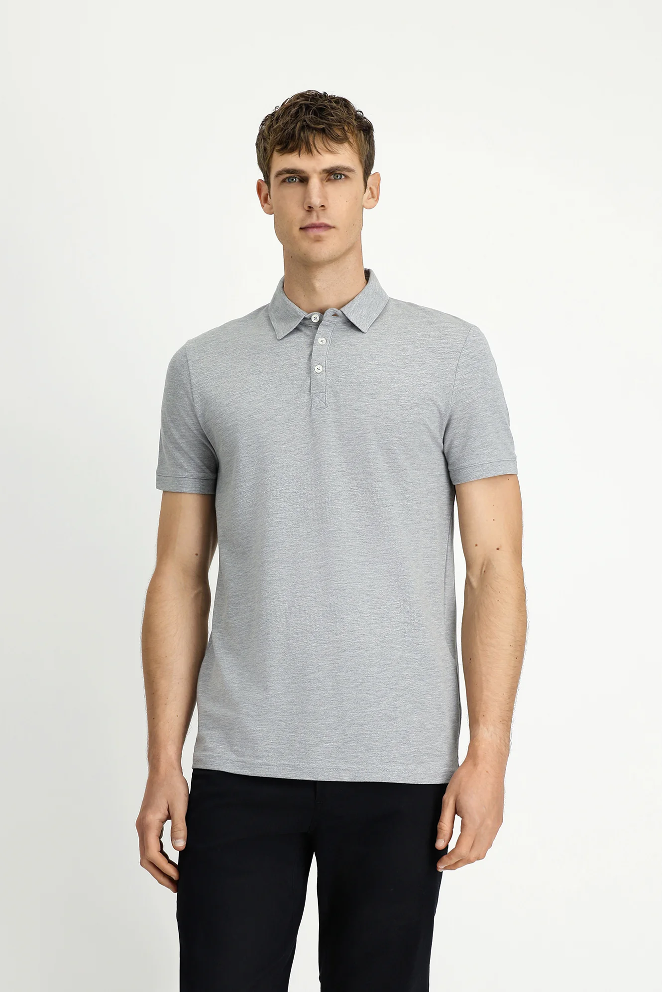 Orta Gri Melanj Regular Fit Pamuklu Polo Yaka Tişört - Image 4