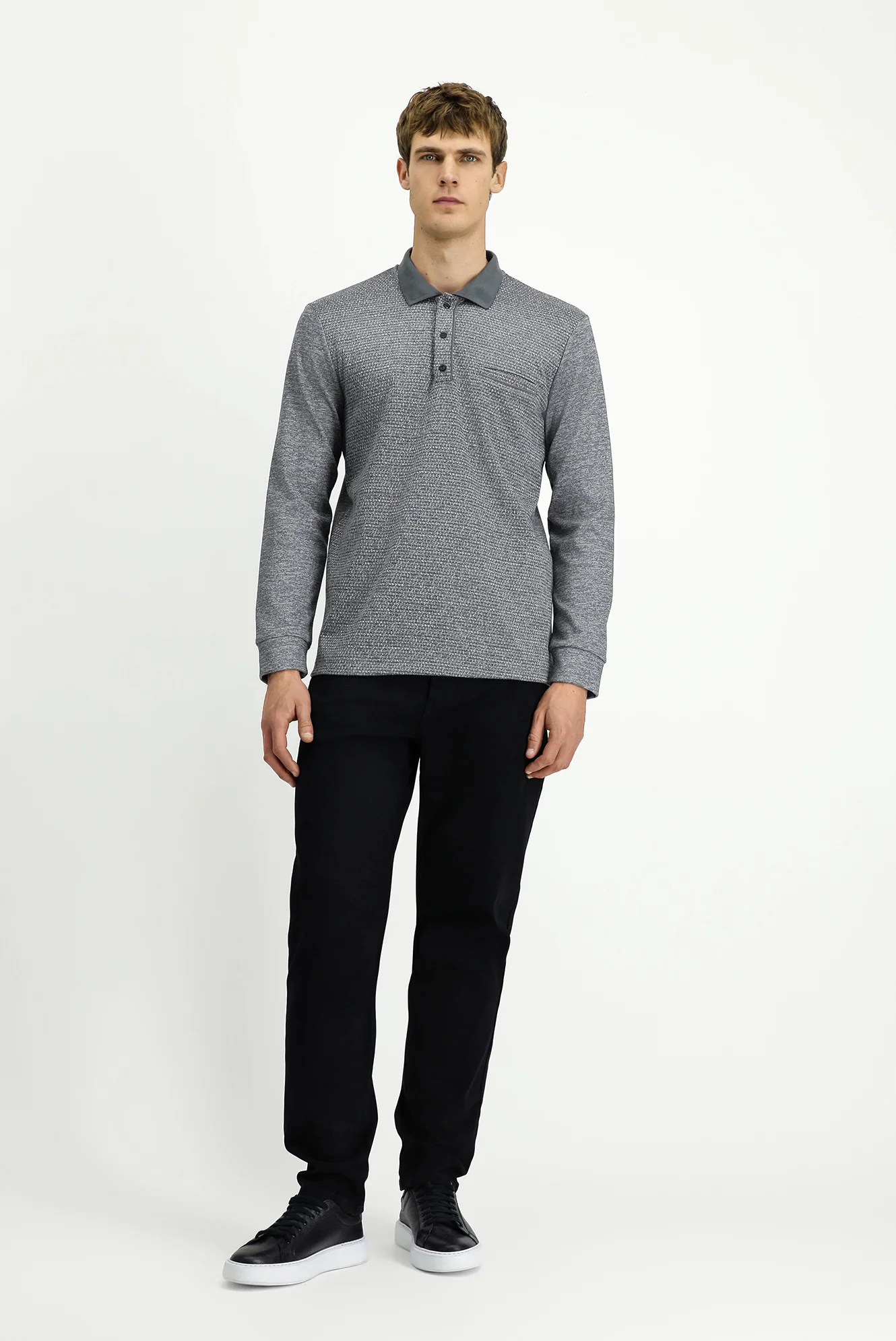 Orta Gri Melanj Polo Yaka Regular Fit Desenli Pamuklu Sweatshit - Image 2