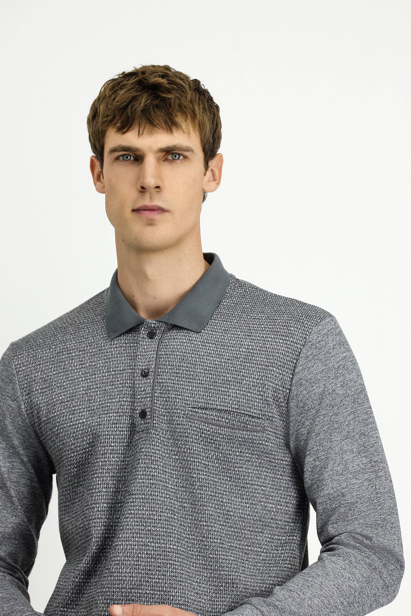 Orta Gri Melanj Polo Yaka Regular Fit Desenli Pamuklu Sweatshit - Image 3