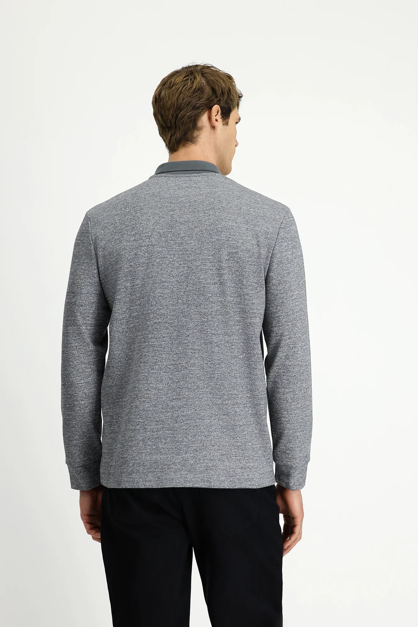 Orta Gri Melanj Polo Yaka Regular Fit Desenli Pamuklu Sweatshit - Image 4