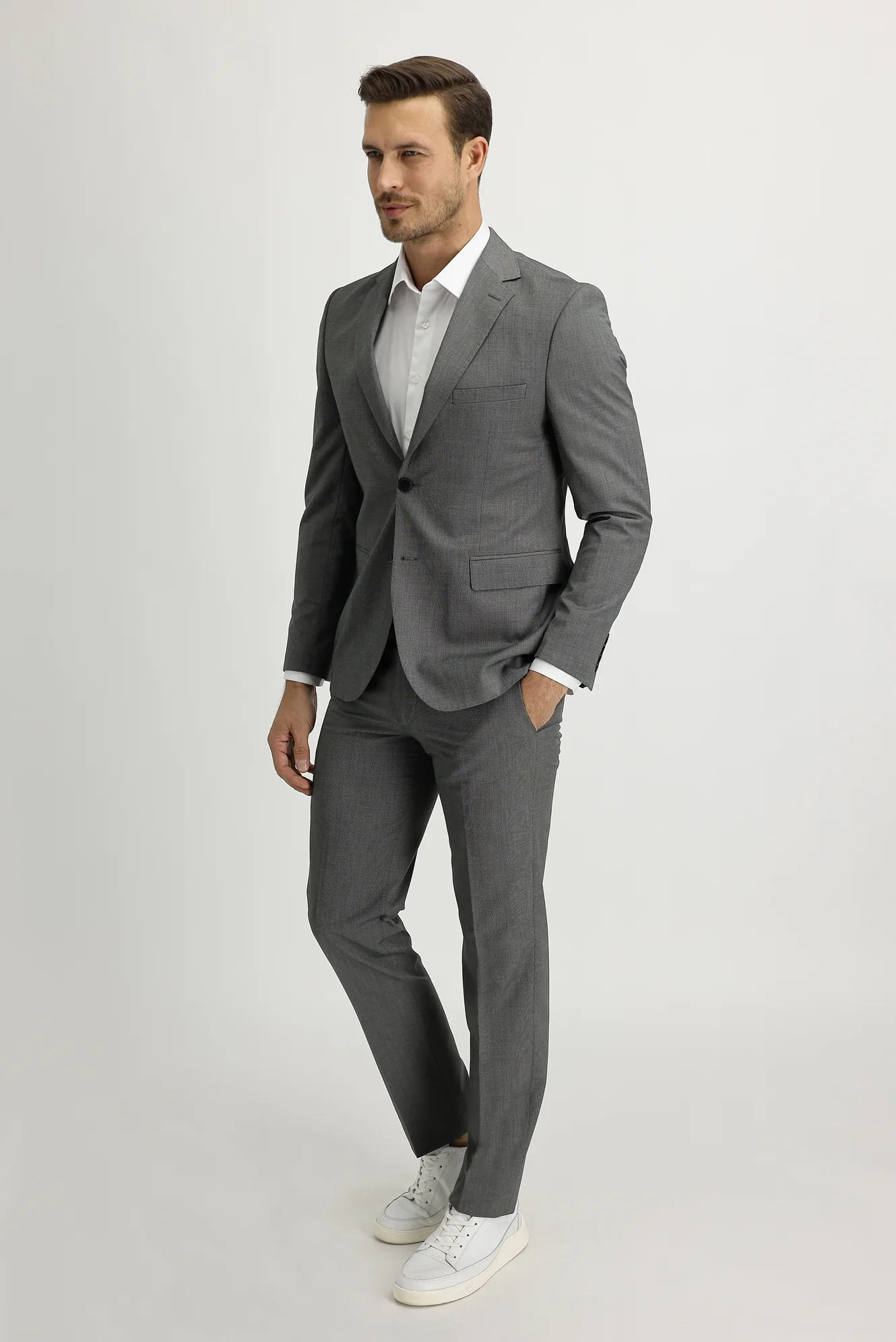 Orta Gri Melanj 4 Drop Relaxed Fit Rahat Kesim Desenli Takım Elbise