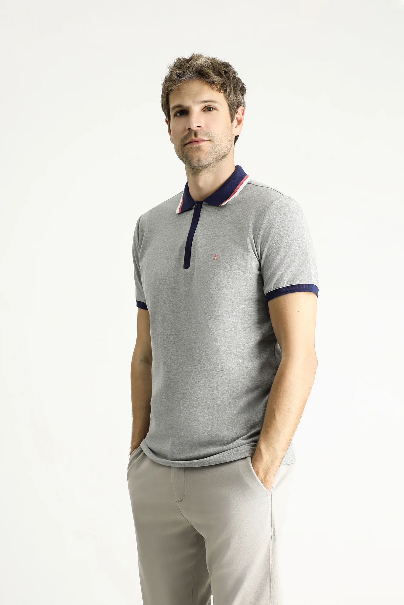 Orta Gri Melanj Slim Fit Dar Kesim Pamuk Polo Yaka Tişört - Image 3