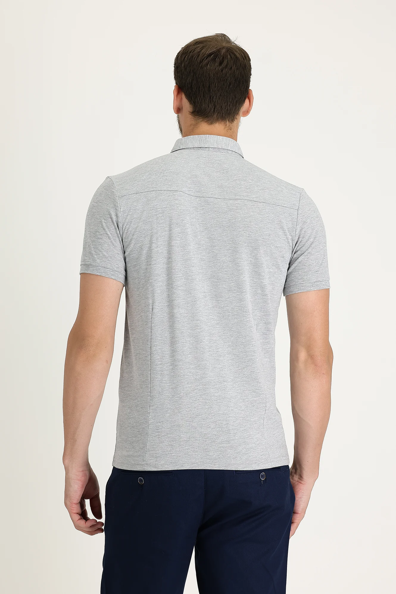 Orta Gri Melanj Slim Fit Dar Kesim Pamuklu Süprem Polo Yaka Tişört - Image 3
