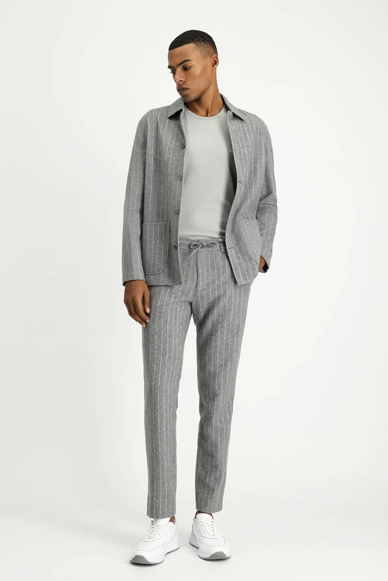 Orta Gri Melanj 7 Drop Slim Fit Dar Kesim Yünlü Beli Lastikli İpli Çizgili Klasik Kumaş Pantolon - Image 3