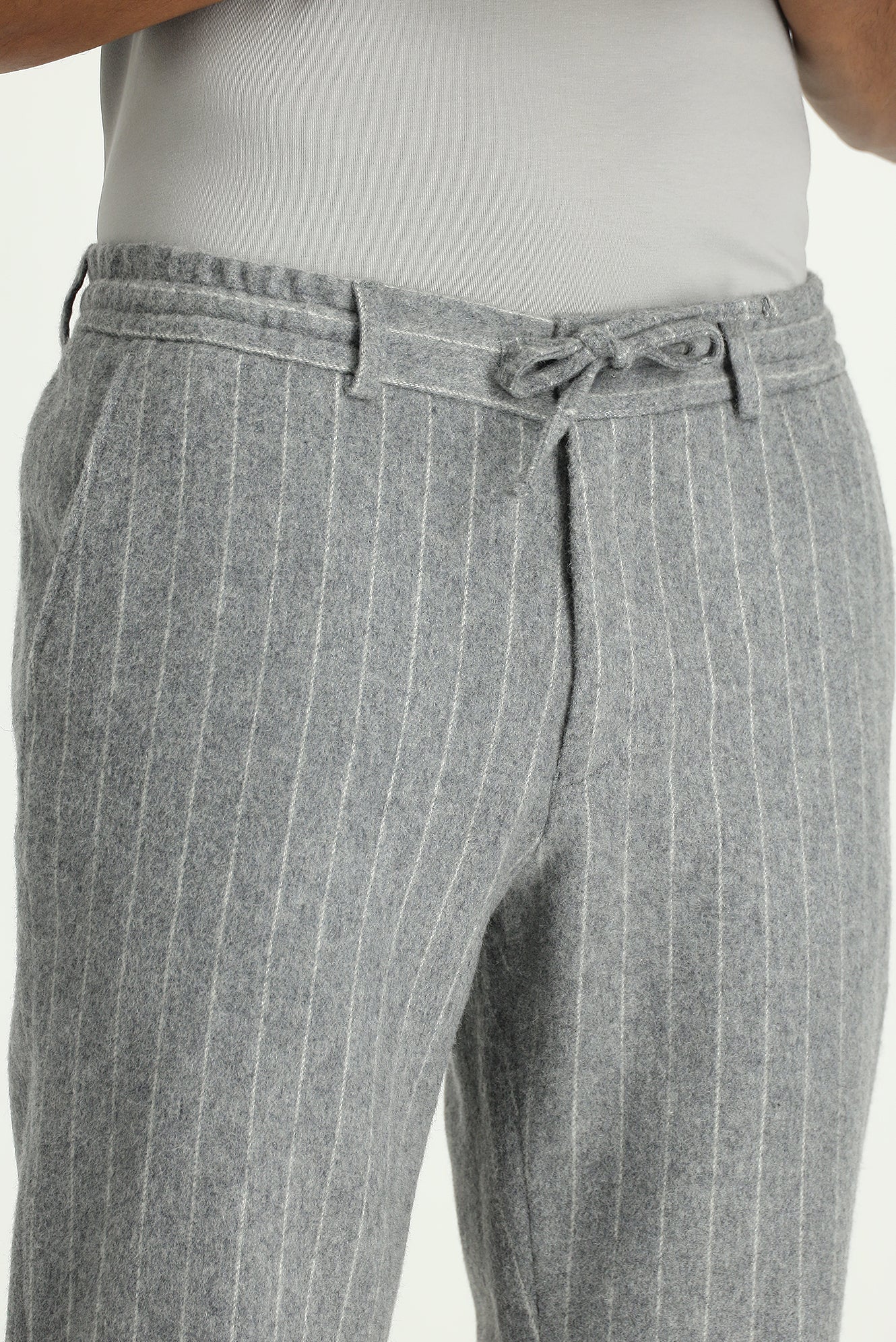 Orta Gri Melanj 7 Drop Slim Fit Dar Kesim Yünlü Beli Lastikli İpli Çizgili Klasik Kumaş Pantolon - Image 4