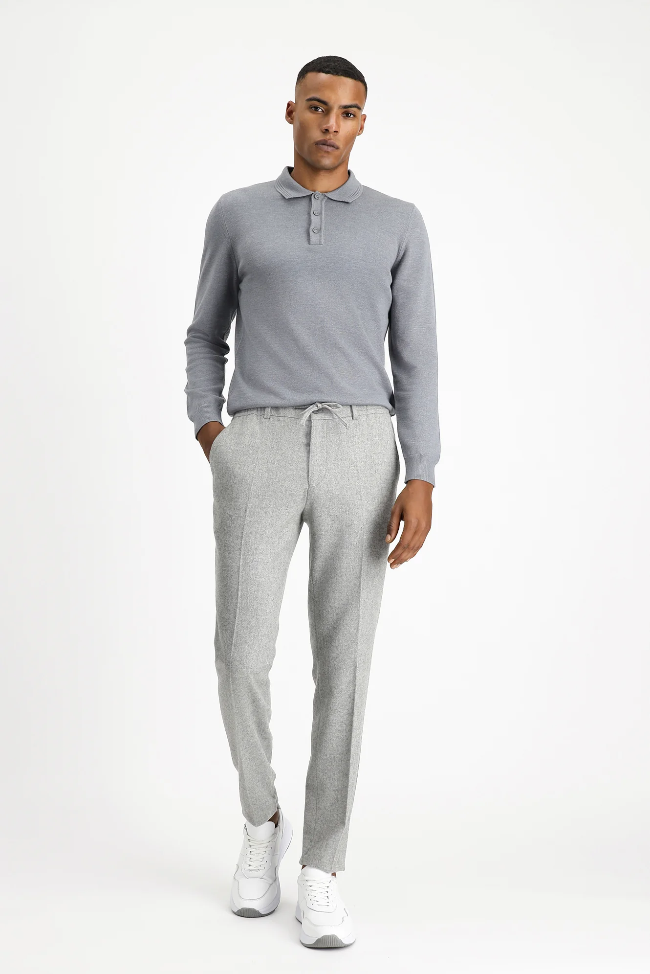 Orta Gri Melanj 7 Drop Slim Fit Dar Kesim Yünlü Beli Lastikli İpli Klasik Pantolon - Image 3