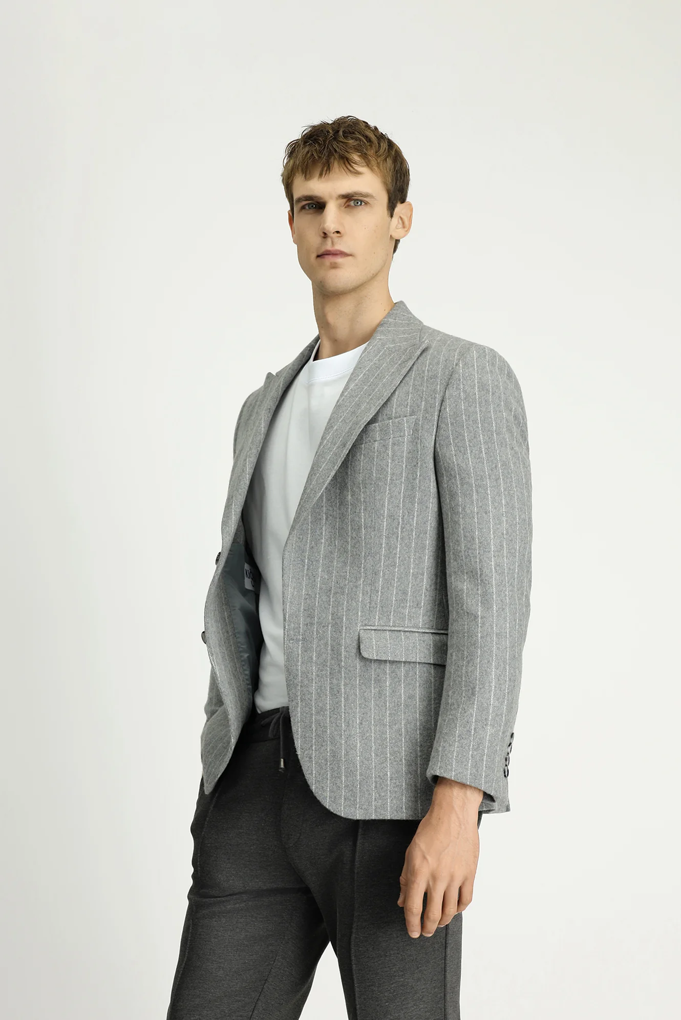 Orta Gri Melanj 7 Drop Slim Fit Dar Kesim Yünlü Çizgili Klasik Ceket - Image 3