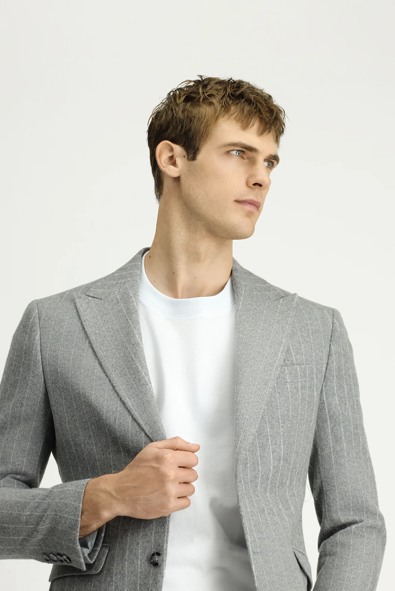 Orta Gri Melanj 7 Drop Slim Fit Dar Kesim Yünlü Çizgili Klasik Ceket - Image 4